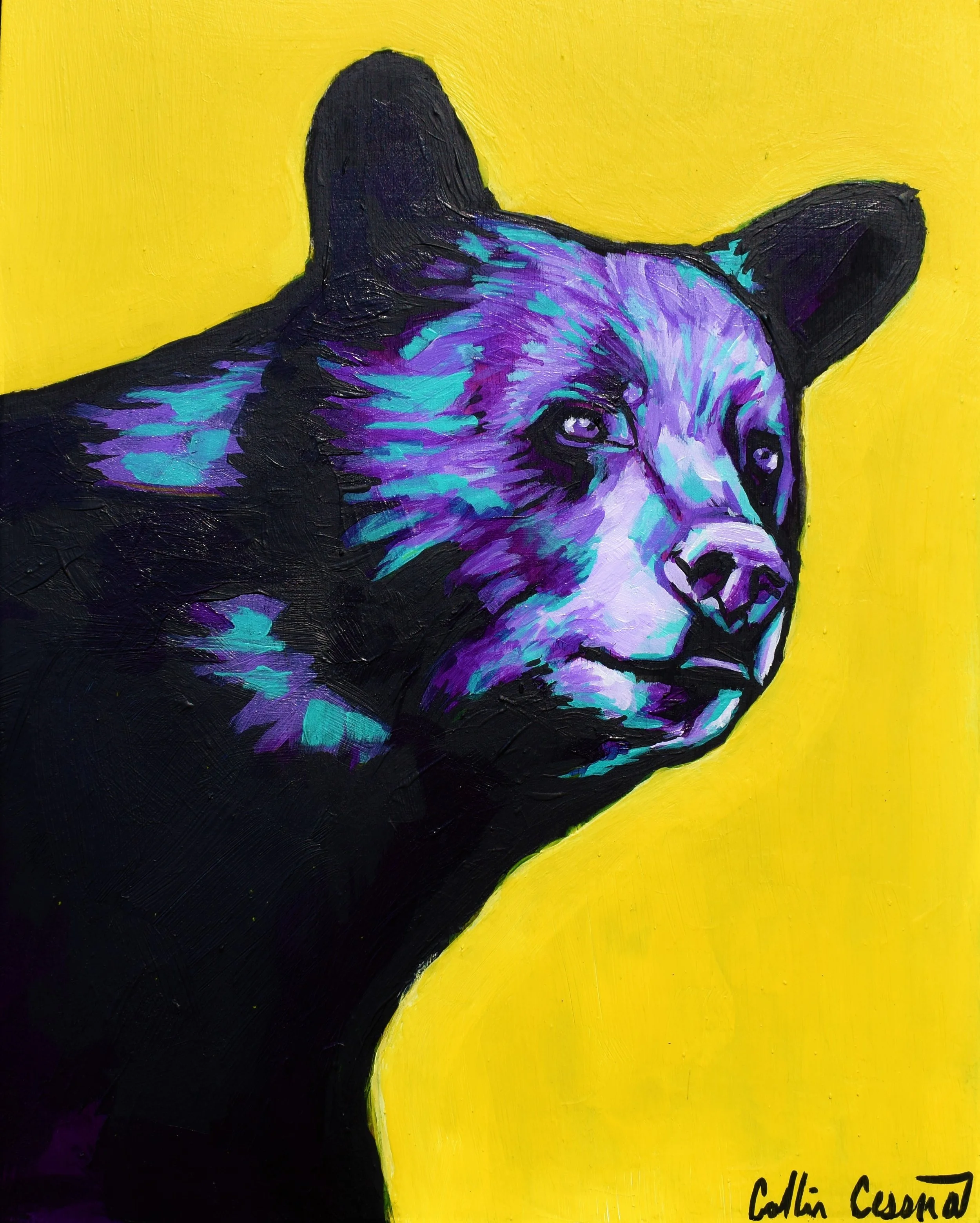 Painting of a bear with purple, blue, and black fur against a yellow background.