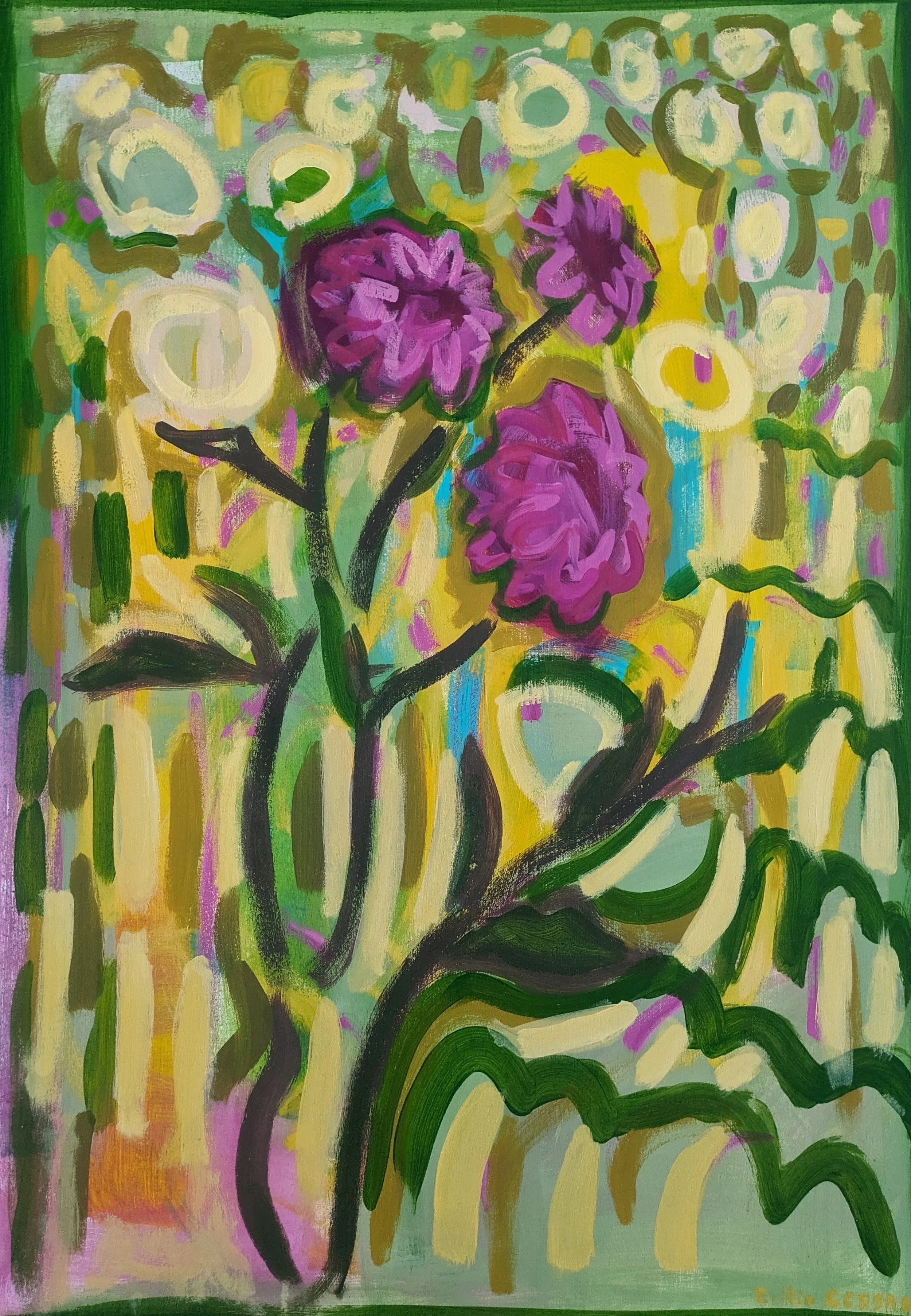 An abstract painting featuring three purple flowers with black stems and green leaves against a multicolored background of yellow, green, and purple brushstrokes.
