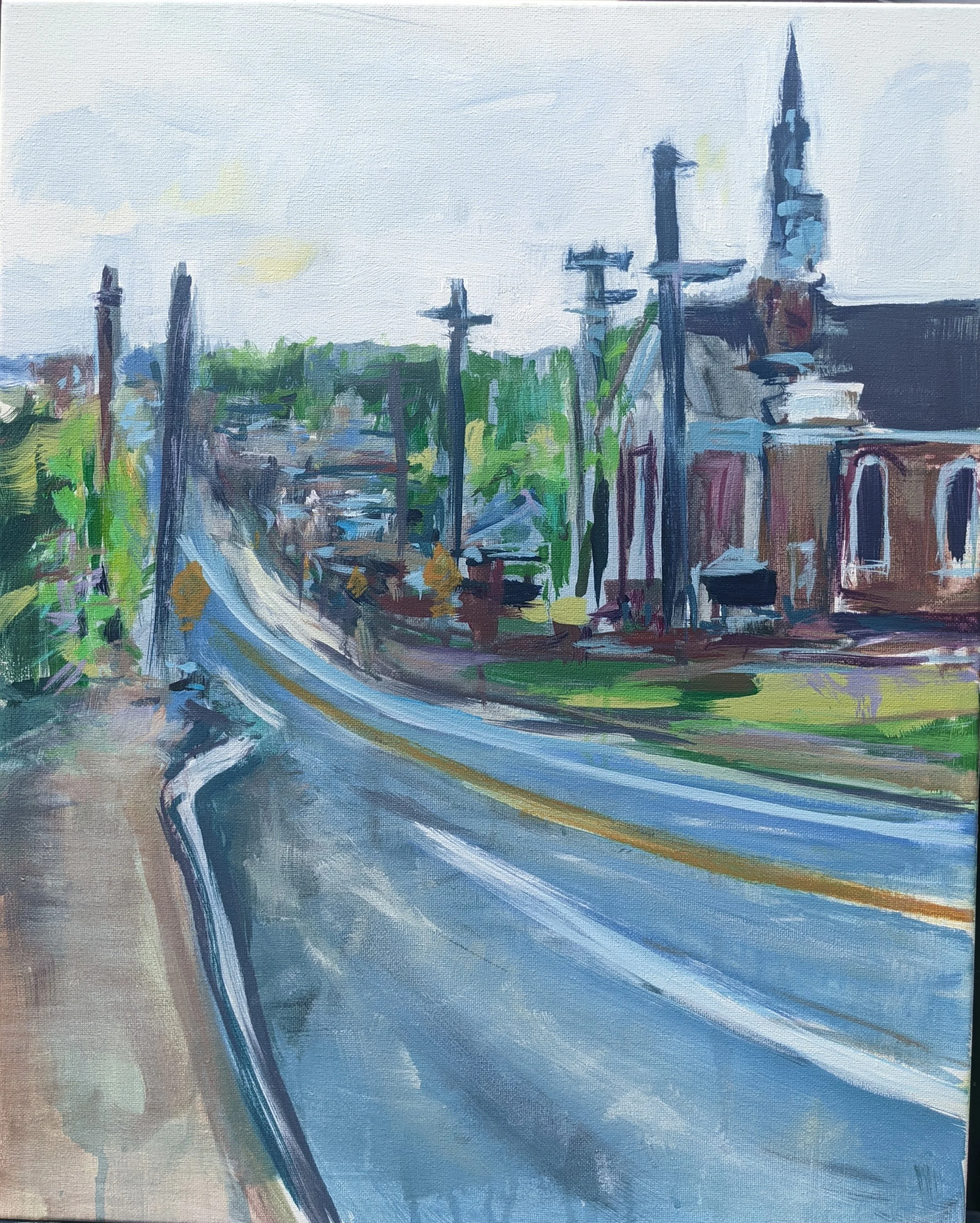 An impressionistic painting of a curved road with power lines, greenery, and buildings in the background on a partly cloudy day.