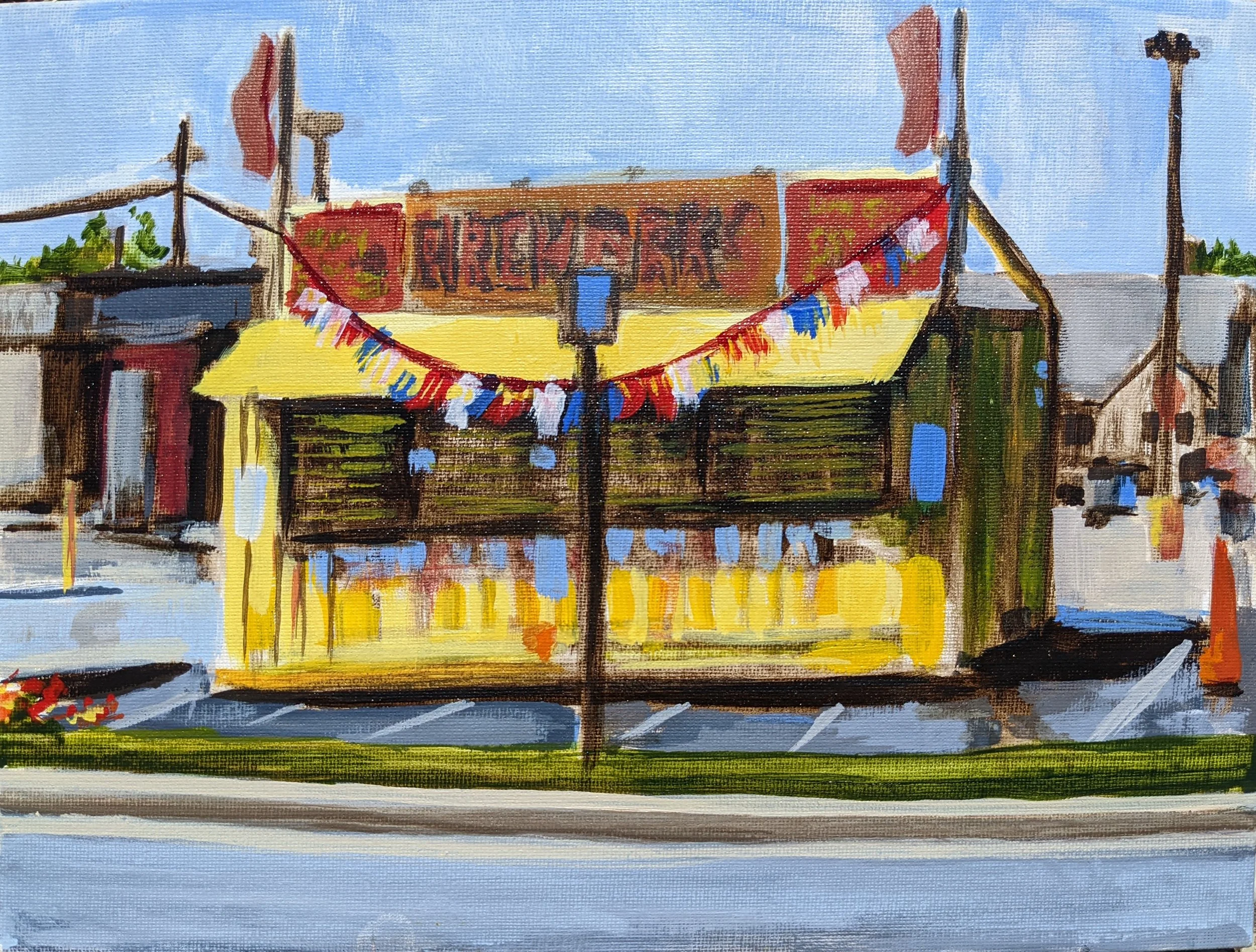 Painting of a colorful building with a yellow facade and a red sign, decorated with red, white, and blue bunting, along a street with parking spaces and a small grass strip in foreground.