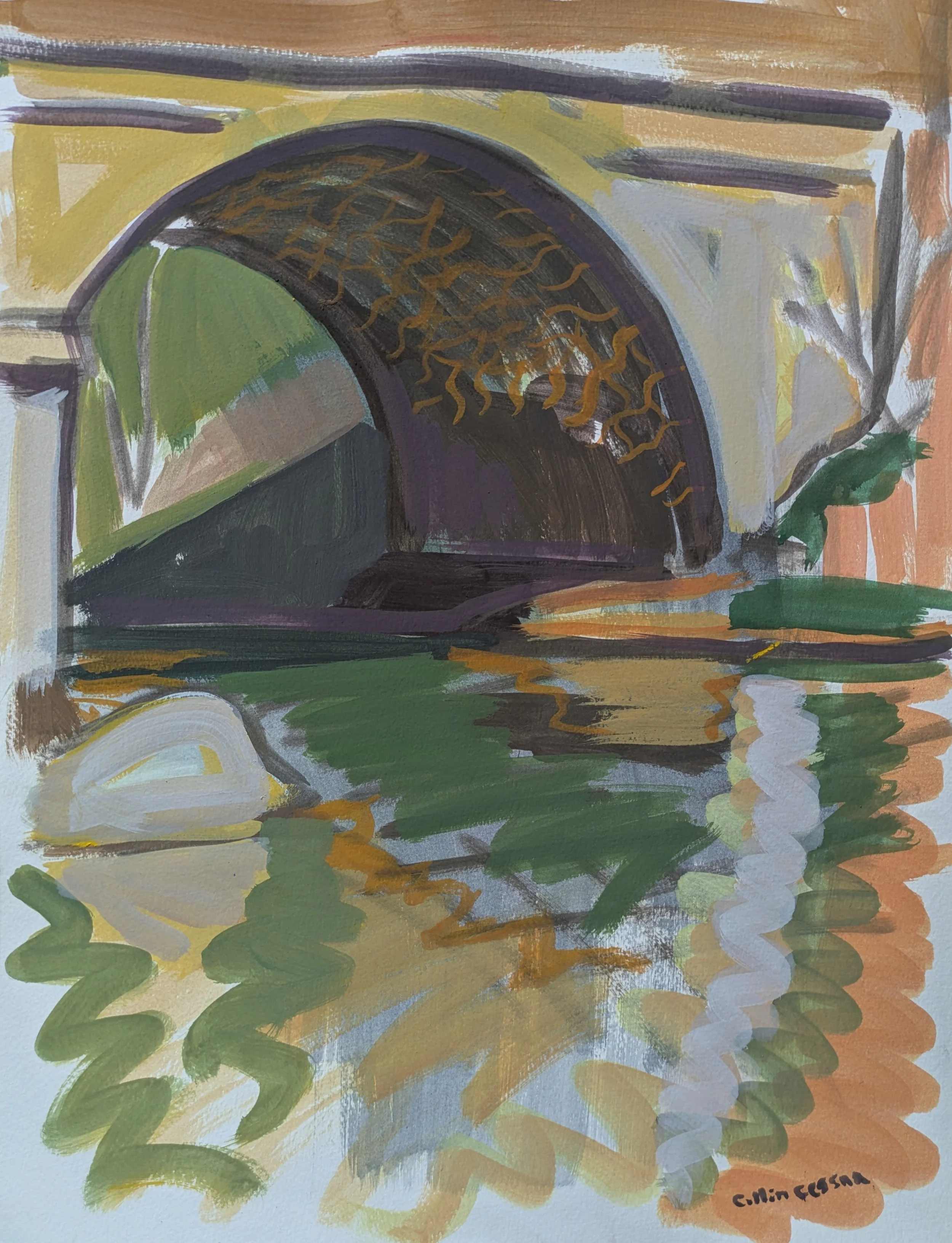 Gunpowder River Harford Road Entrance painting Collin Cessna fishing architecture casein paper color
