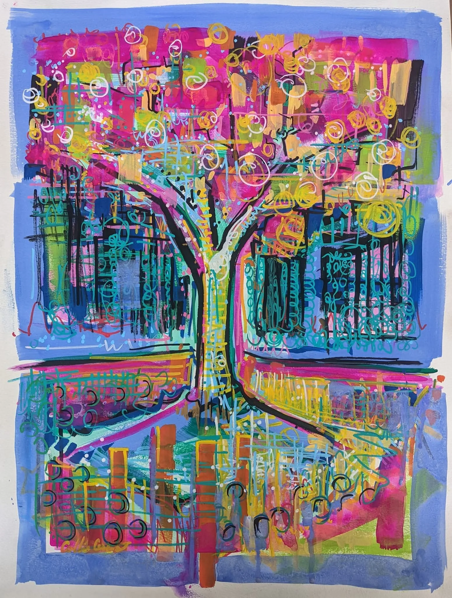Colorful abstract painting of a tree with a vibrant pink, yellow, green, blue, and black background, featuring swirling lines and patterns.