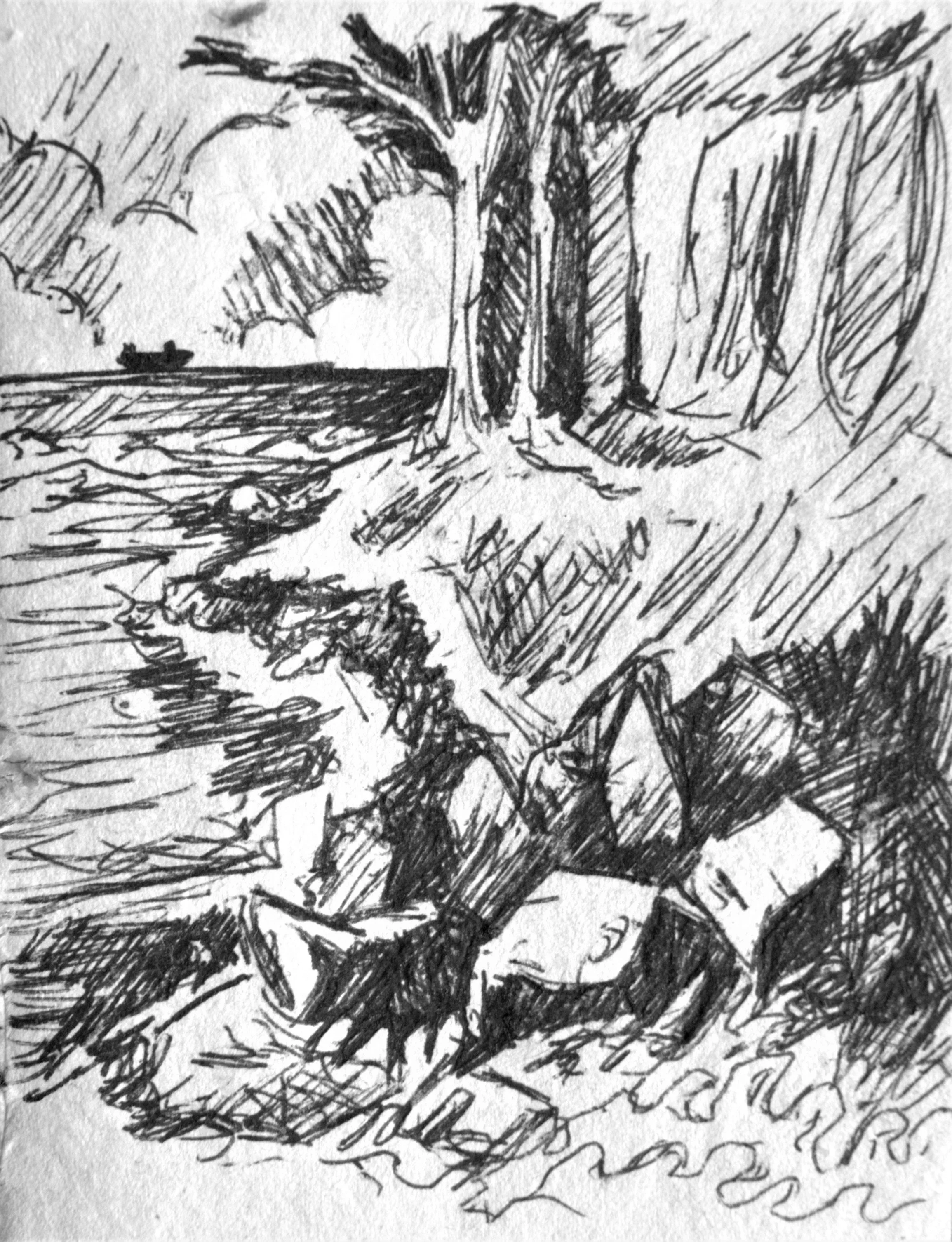 A black and white sketch of a person sitting on the ground near a tree, with a body of water and a boat in the background.