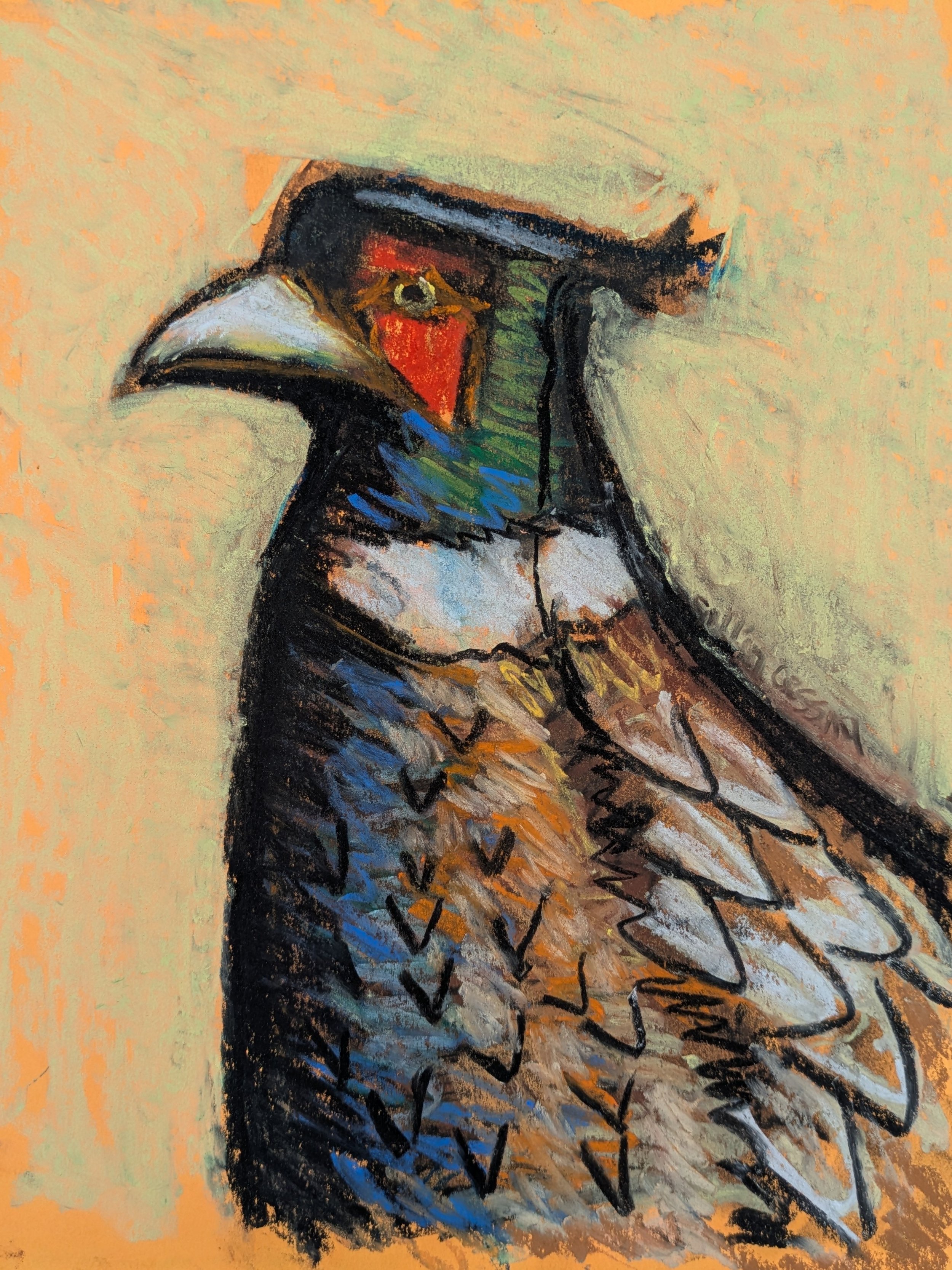 Painting of a bird with a human body wearing a television as a head, with a red face and a brown beak, against a light yellow background.