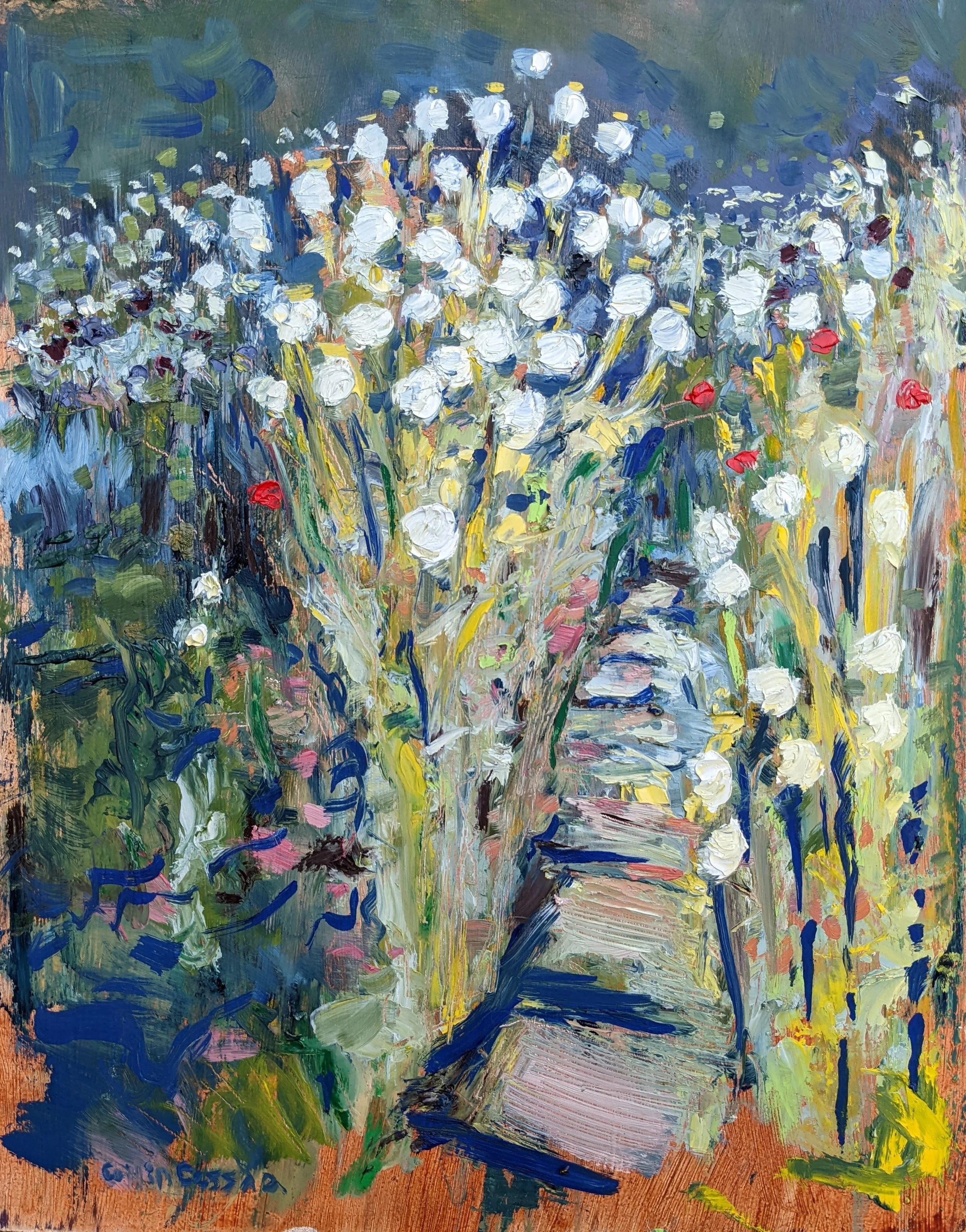Impressionist painting of a garden path surrounded by white, red, and purple flowers with lush green foliage, painted with bold brushstrokes.