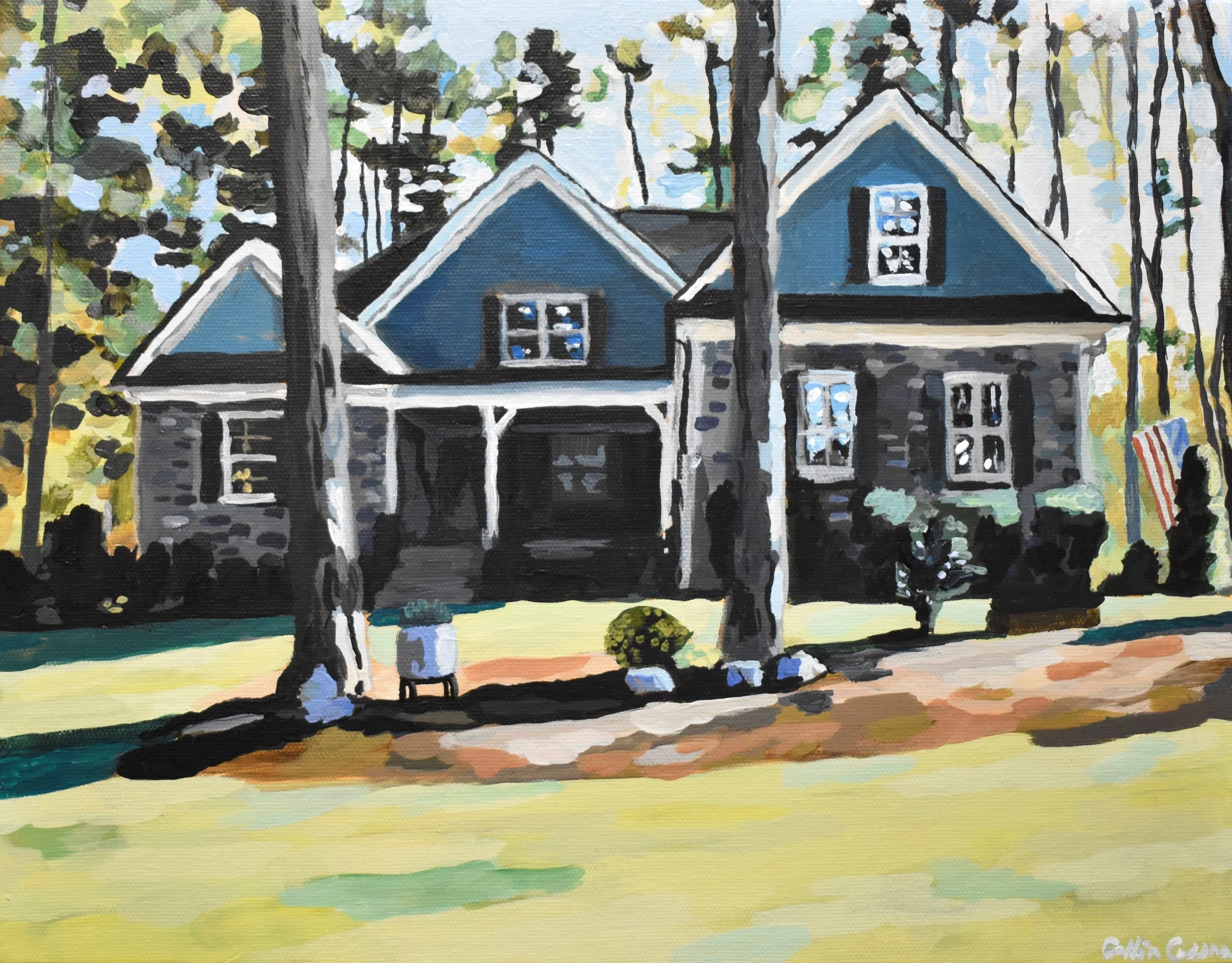 Painted image of a house with dark blue upper walls, stone lower walls, multiple windows with white frames, surrounded by trees and shrubs. There is a front yard with a path and American flag on the right side.