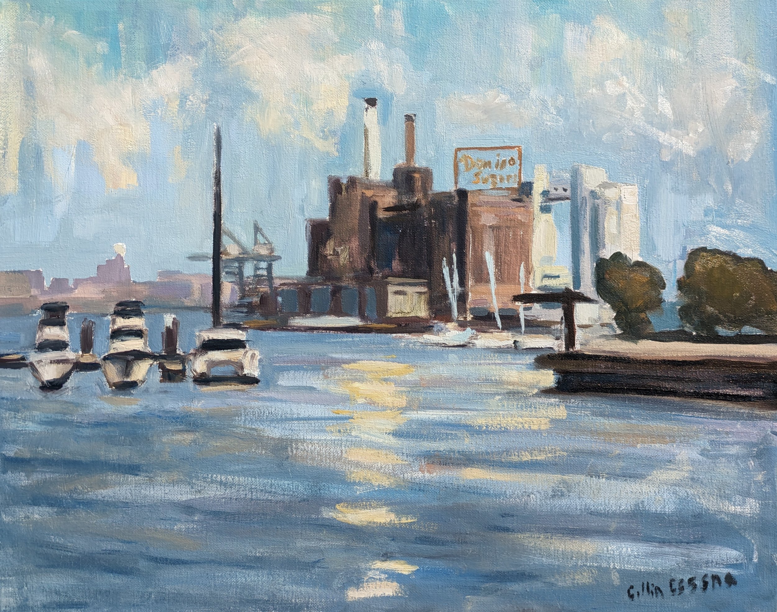 A watercolor painting of an industrial building near a body of water with boats and trees in the foreground. The sky is partly cloudy and a city skyline with high-rise buildings is in the background.