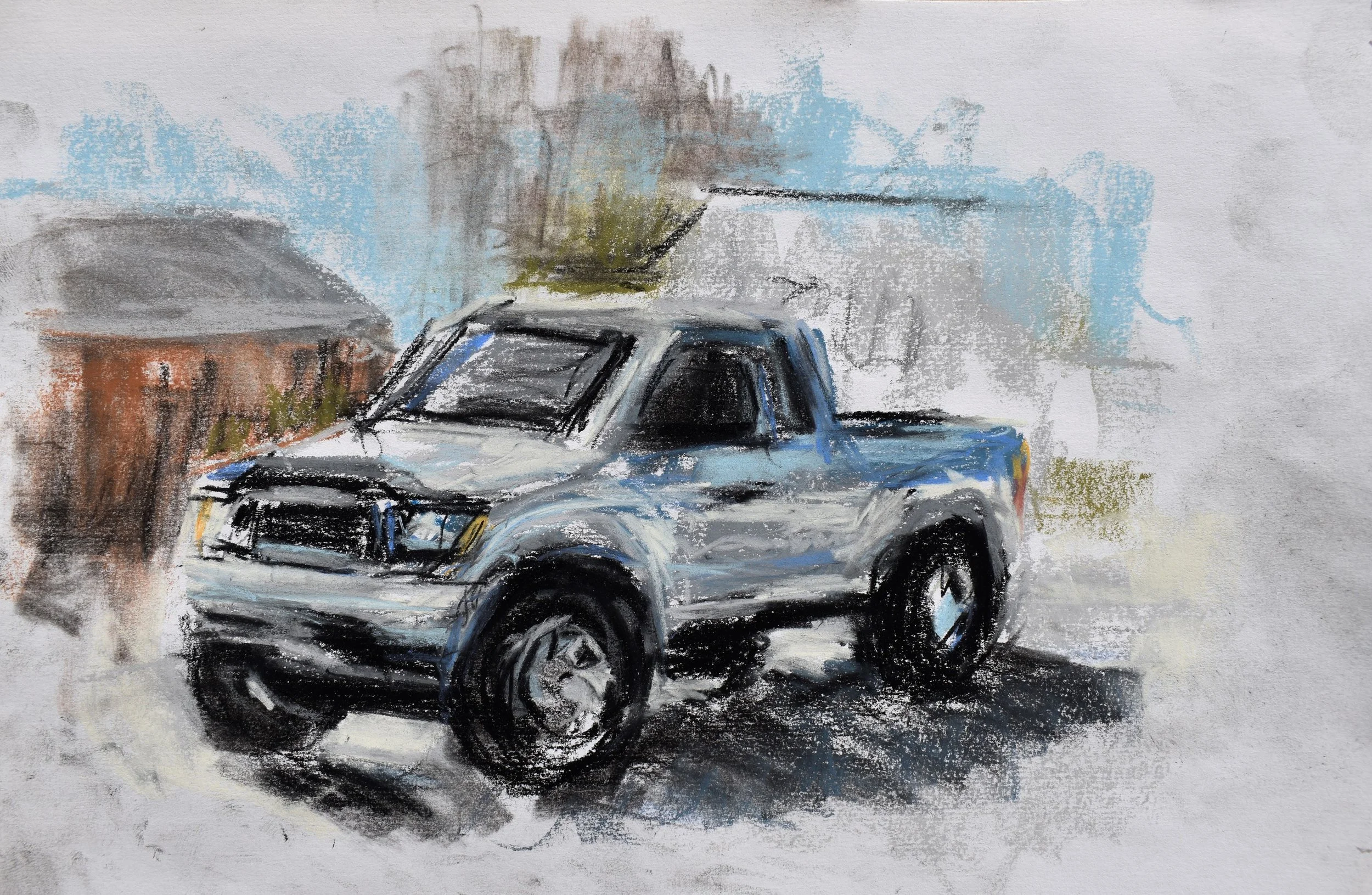 A watercolor painting of a silver pickup truck parked outdoors with trees and buildings in the background.