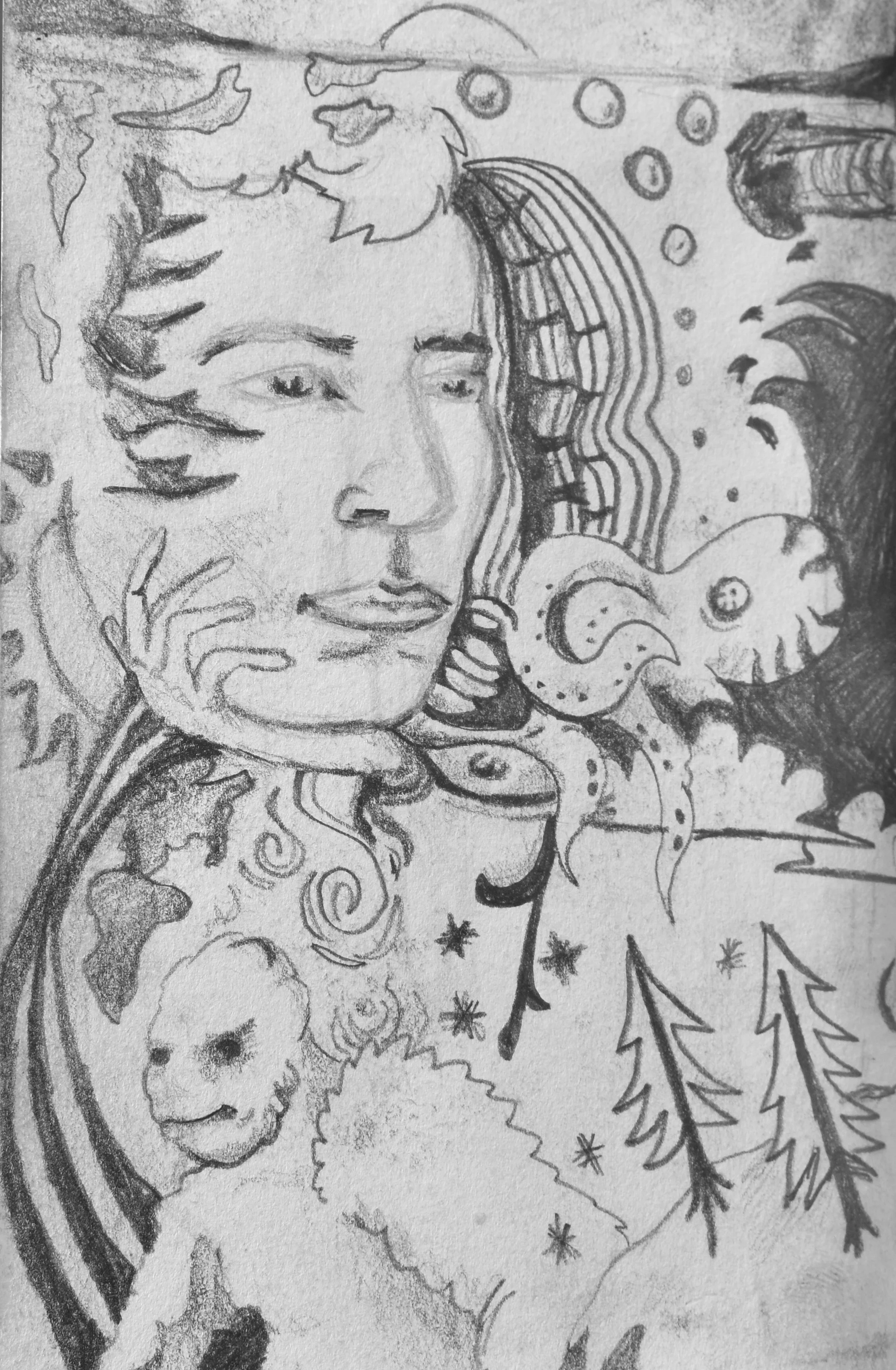 A pencil sketch of a person with wavy hair, surrounded by abstract and nature-themed elements, including trees, clouds, stars, and a lion's face.