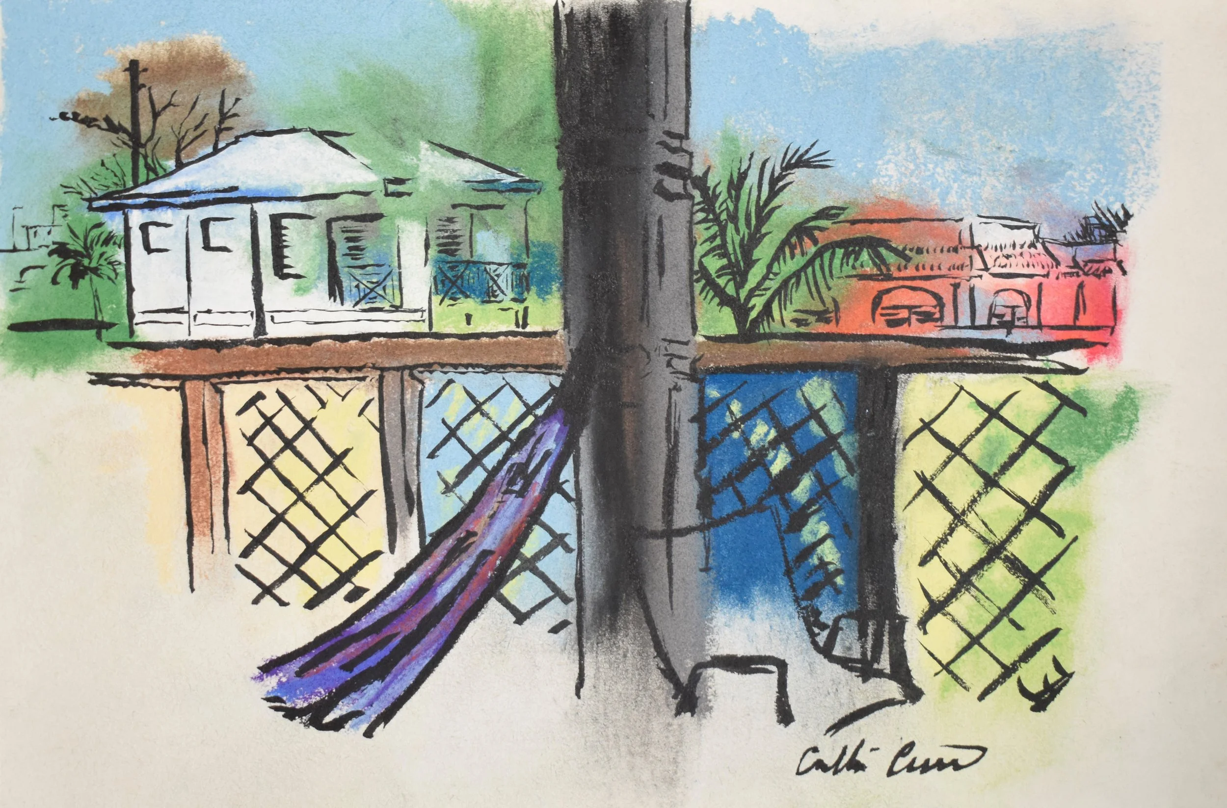 Vacation view from Vieques Hammock soft pastel color Collin Cessna art artwork