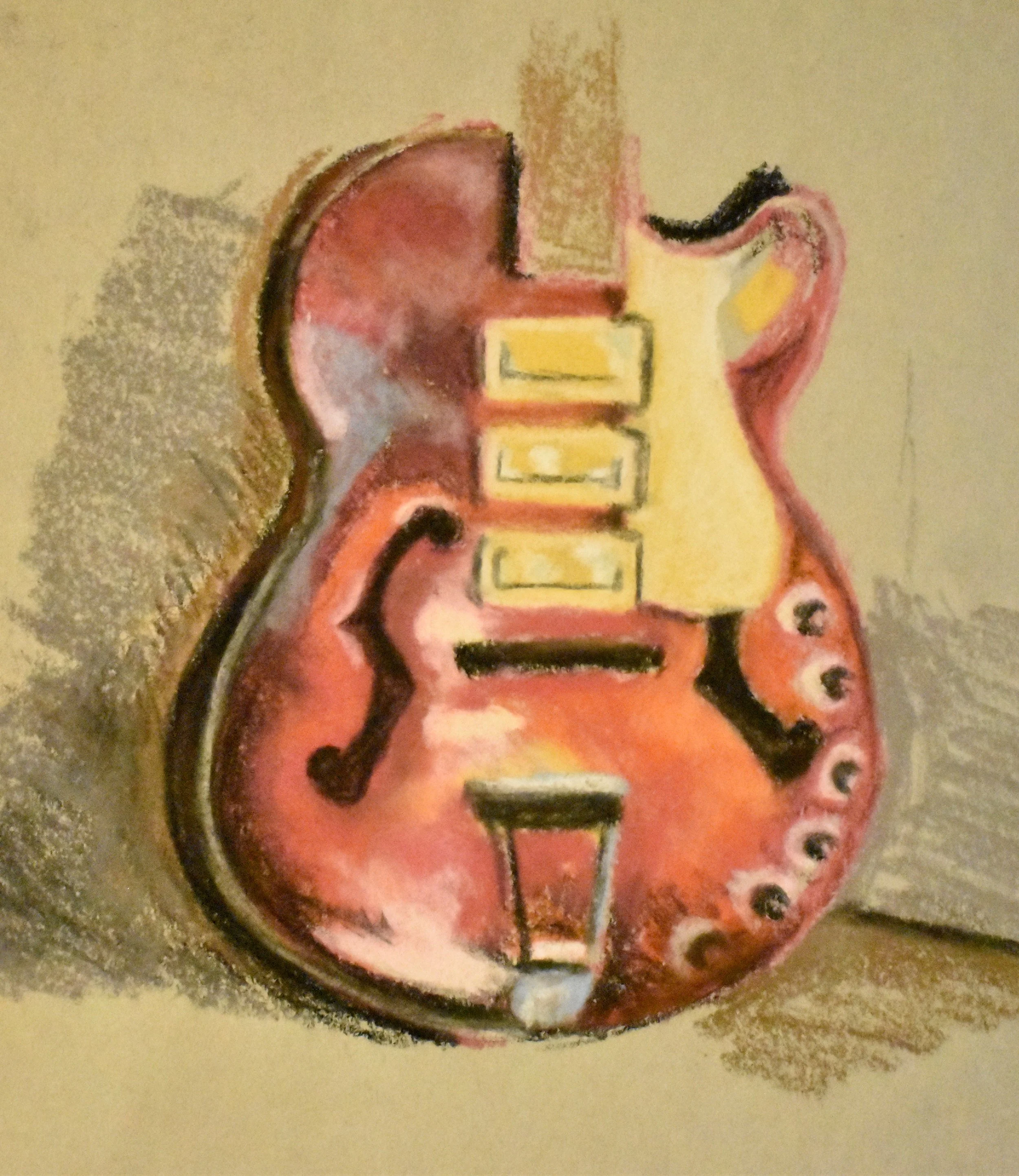 Painting of an electric guitar with a yellow body, black strings, and control knobs on a beige background.