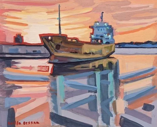 "Sunset through the Indigo" 2023 - casein on wood, 9 x 12 in. Private Collection