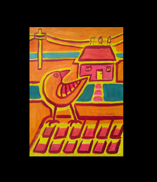 Birds on a roof folk art oil painting bright colors orange pink yellow raven collin cessna maryland