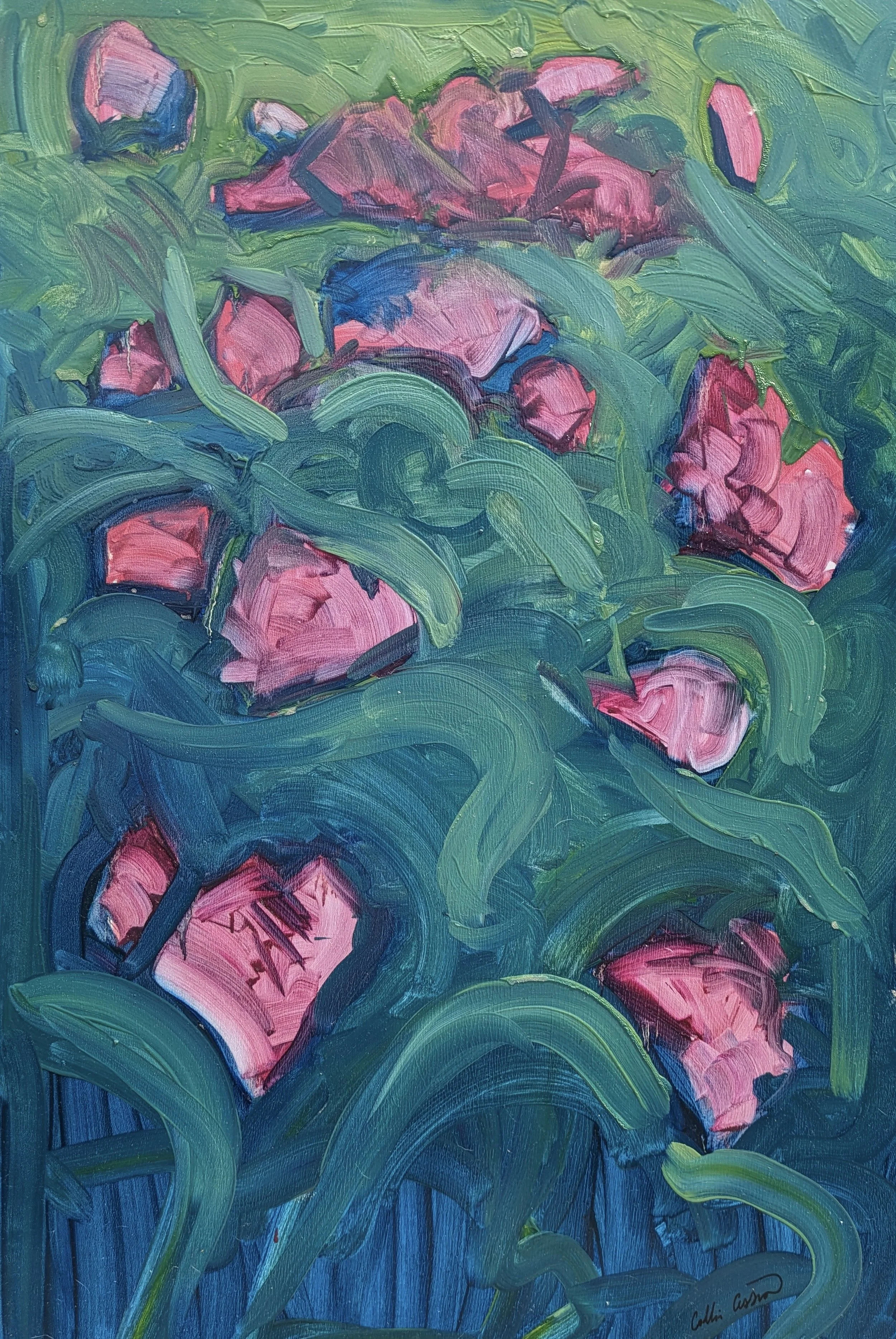 An abstract painting of pink flowers with green leaves and blue background, created with bold brushstrokes.