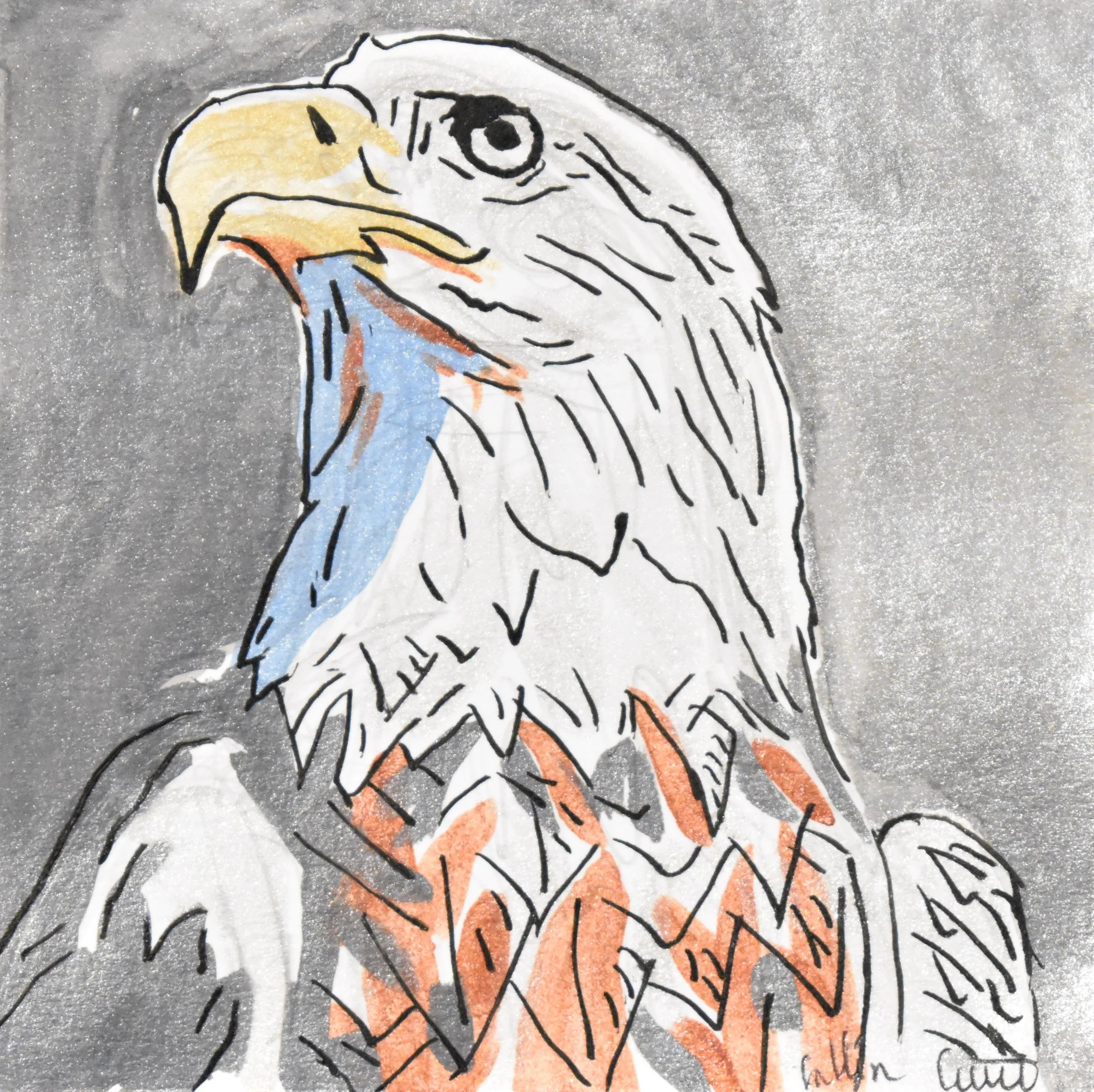 A colorful illustration of an eagle with a blue neck, yellow beak, and detailed feather patterns on a gray background.