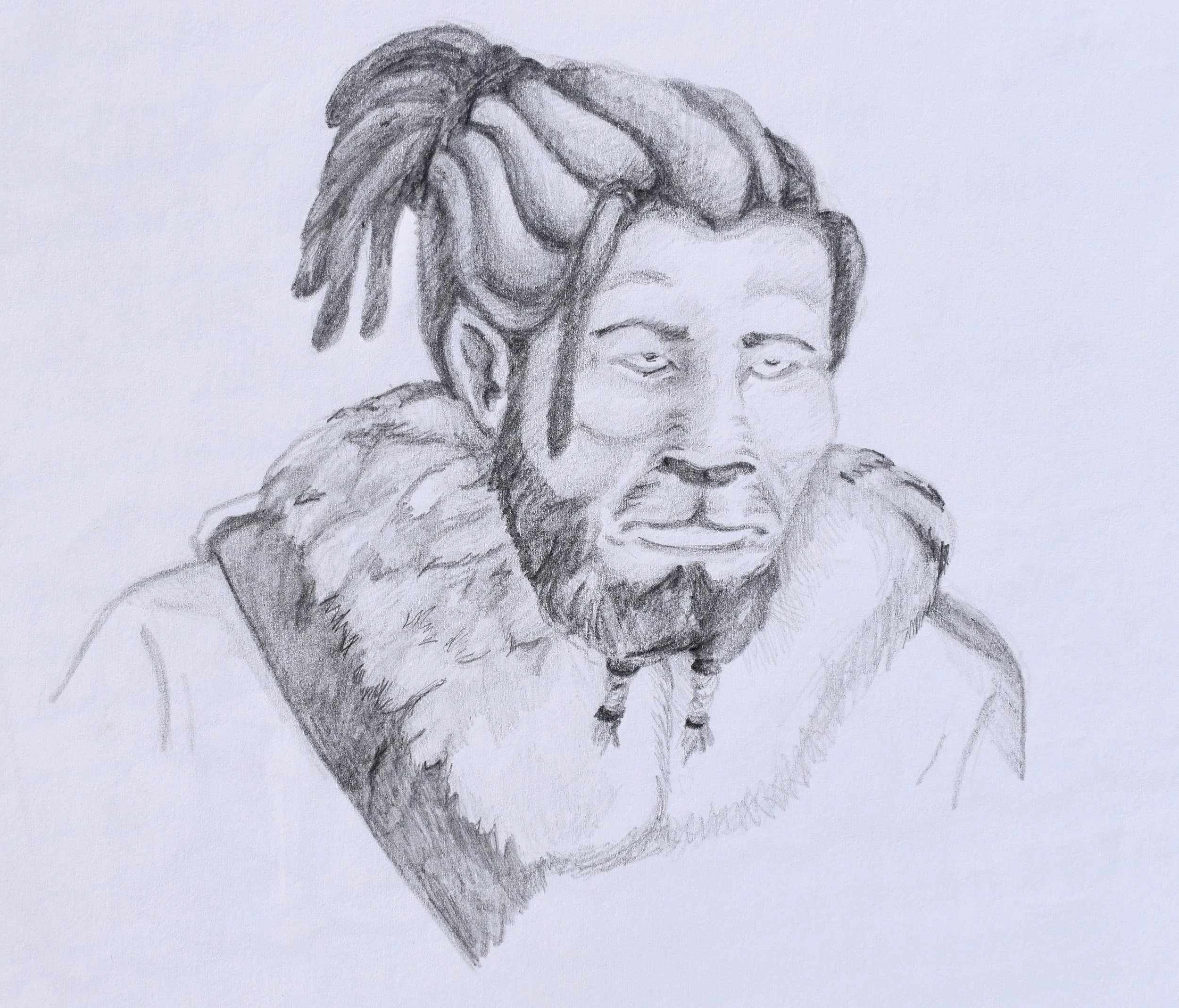 A pencil sketch of a man with dreadlocks, a beard, and tribal markings on his face, wearing a fur-lined garment.