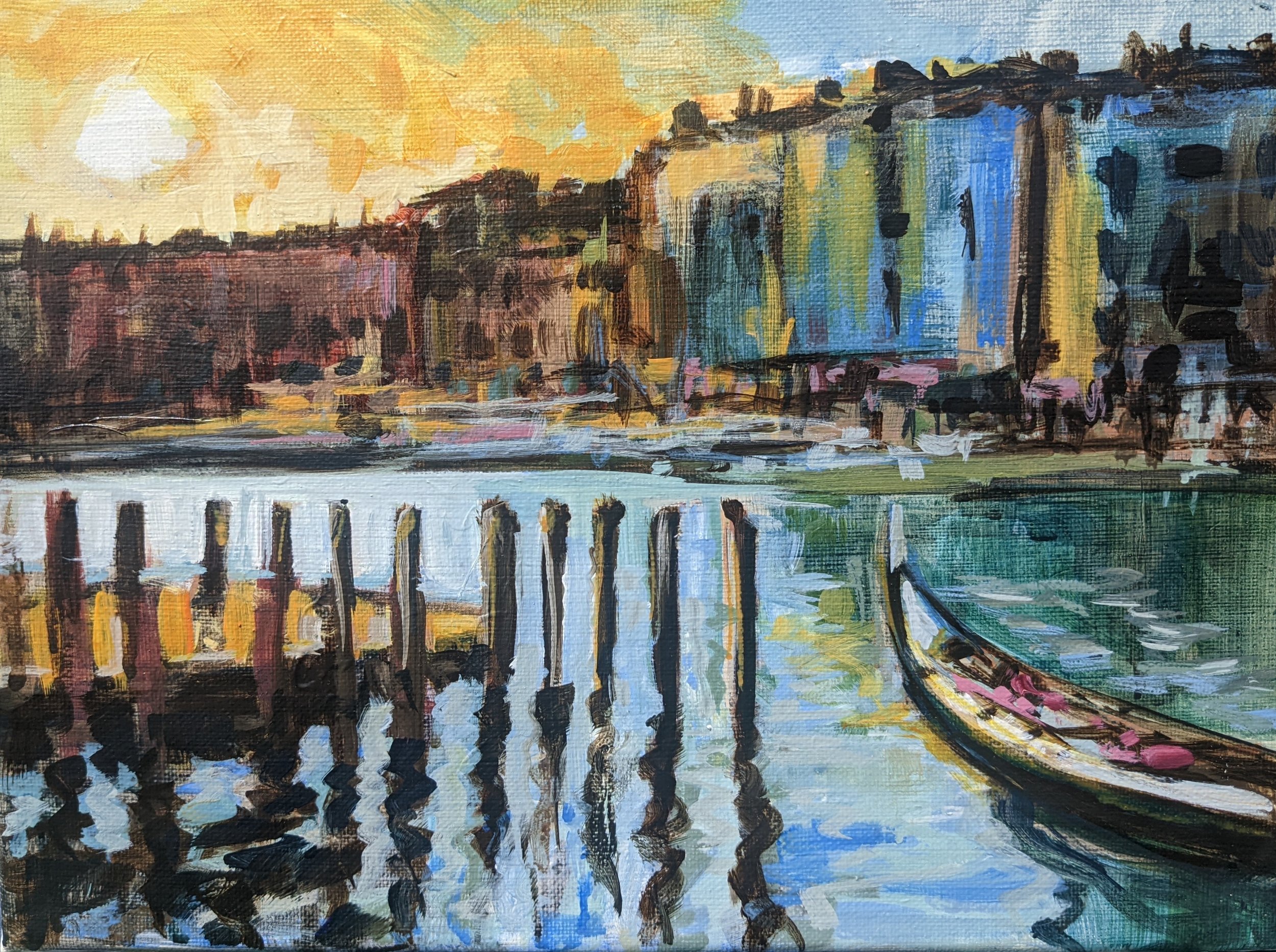 A colorful impressionist painting of a waterfront scene with buildings, a dock, and a boat at sunset.