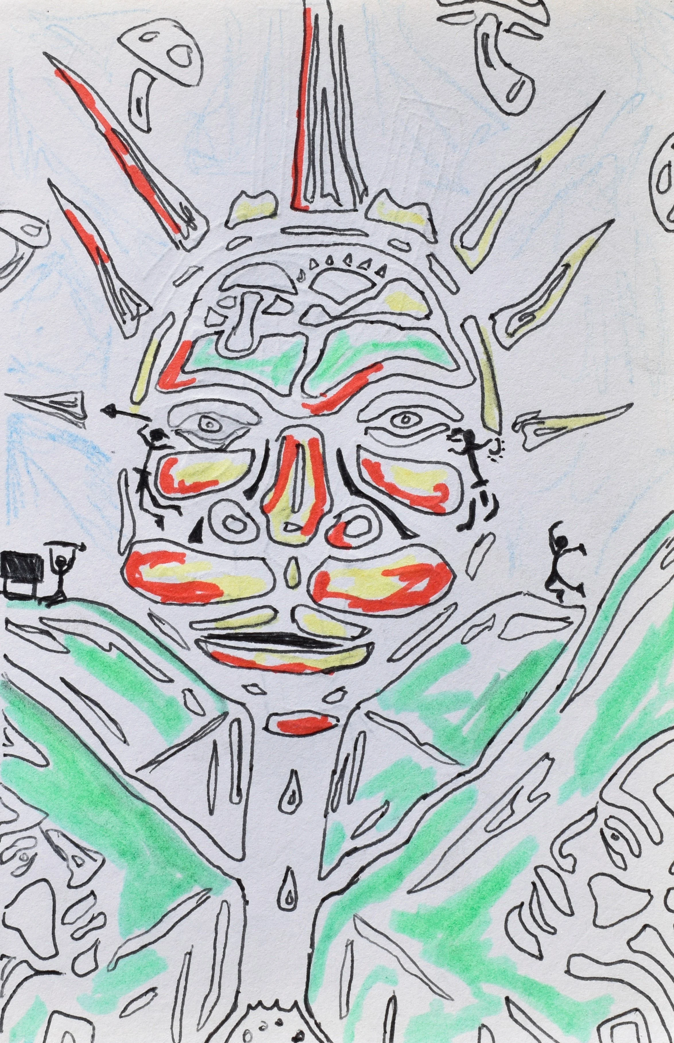 A colorful abstract drawing of a face with prominent features, including eyes, nose, and mouth, surrounded by various shapes and lines, with green shading on the sides and red, yellow highlights.