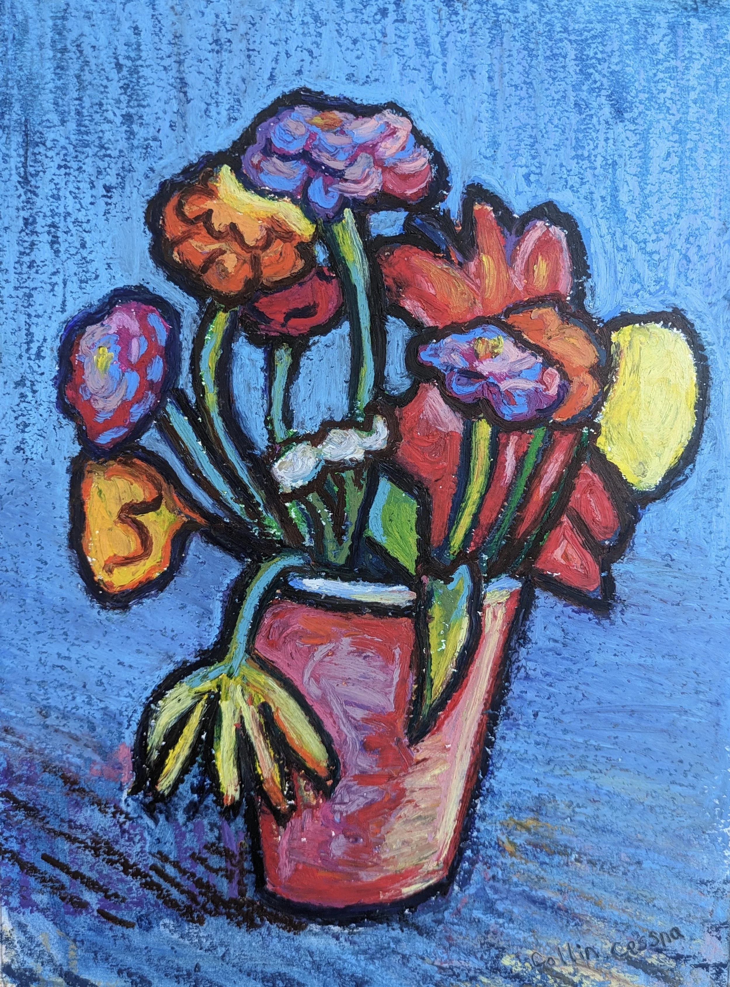 A colorful abstract painting of a bouquet of flowers in a pink vase on a blue background.
