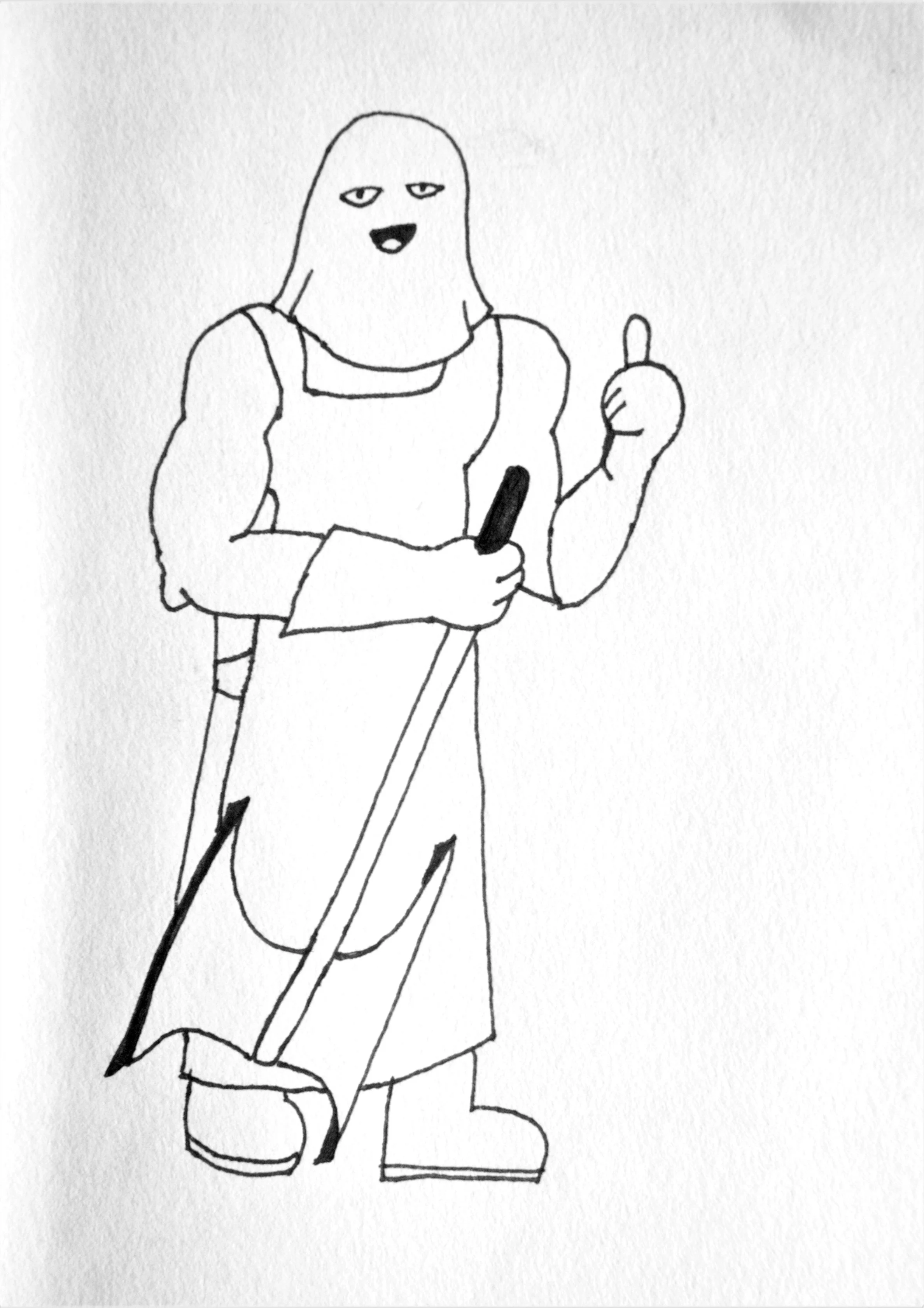 A black and white line drawing of a person with a beanie hat giving a thumbs-up and holding a long tool. The person is wearing boots and an apron.