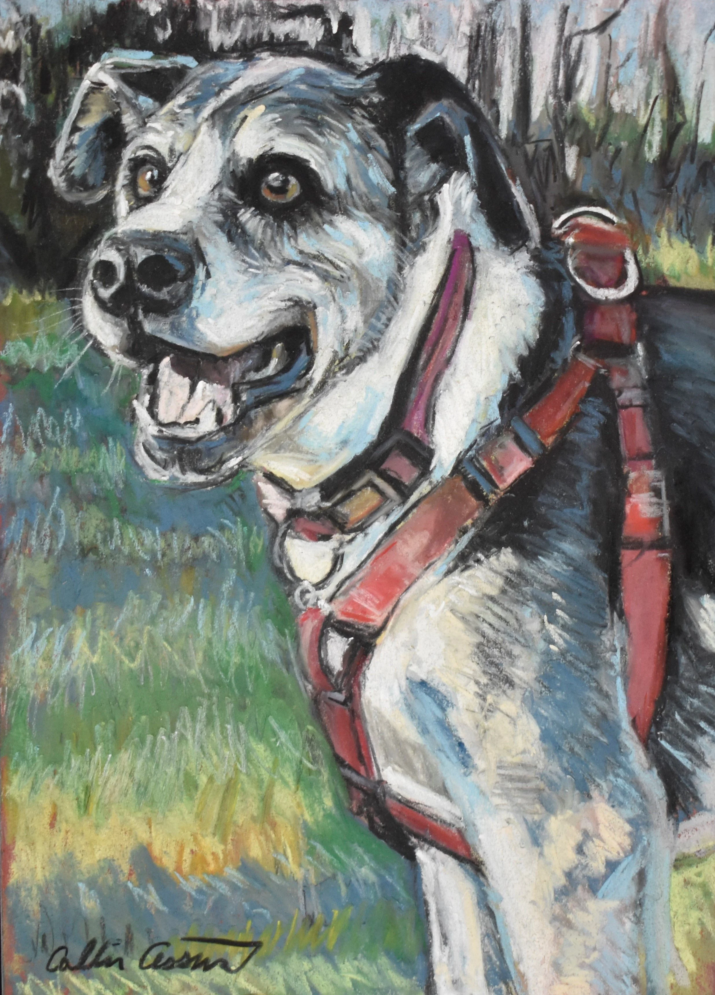 A colorful painting of a happy dog with a wide smile, wearing a red harness, standing outdoors on green grass with blurred background.