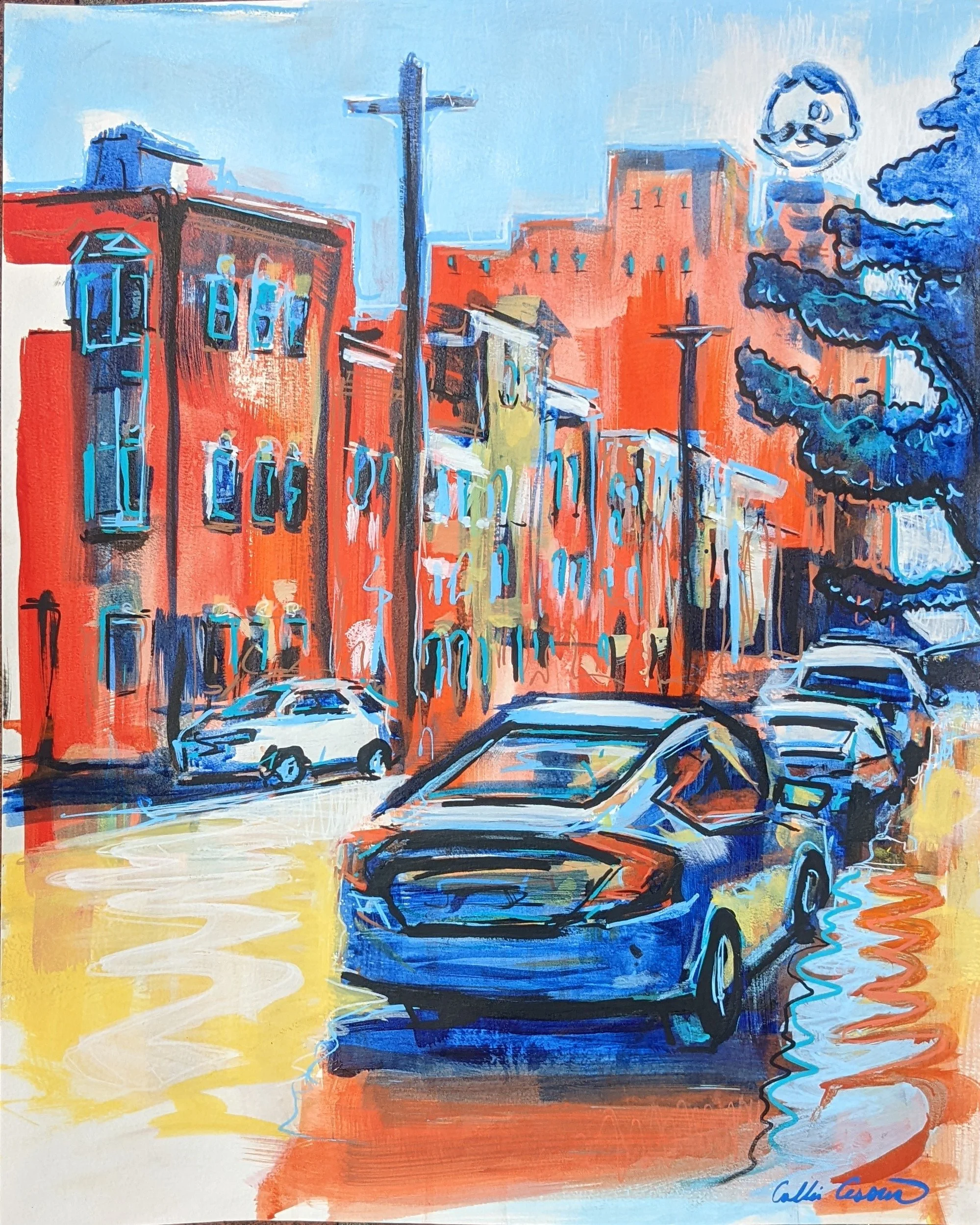 A colorful painting of a city street with cars parked along the curb, a blue sky, and buildings in orange and red shades, with a large tree on the right. The artist's signature is at the bottom right.