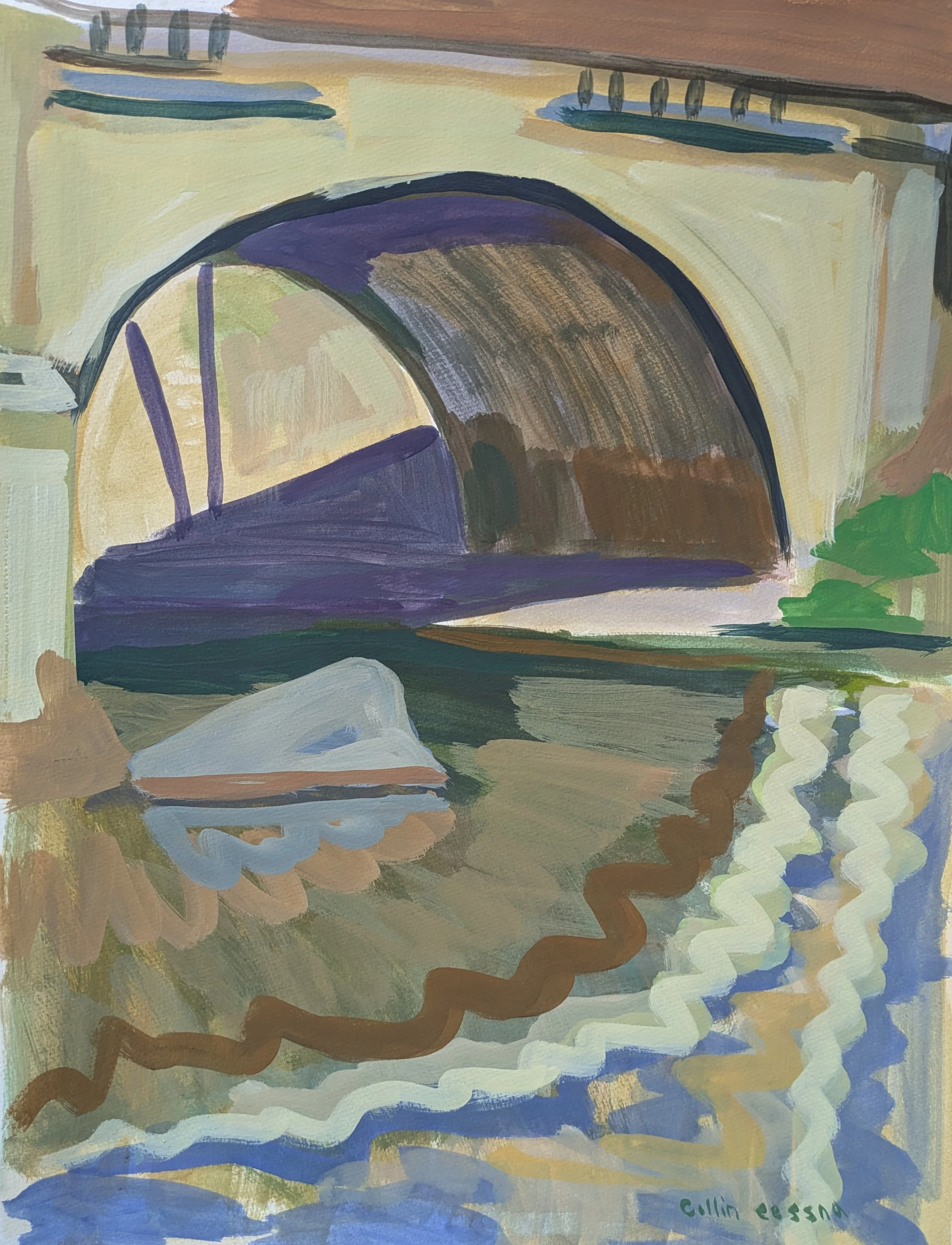 Gunpowder River Harford Road Entrance painting Collin Cessna fishing architecture casein paper color