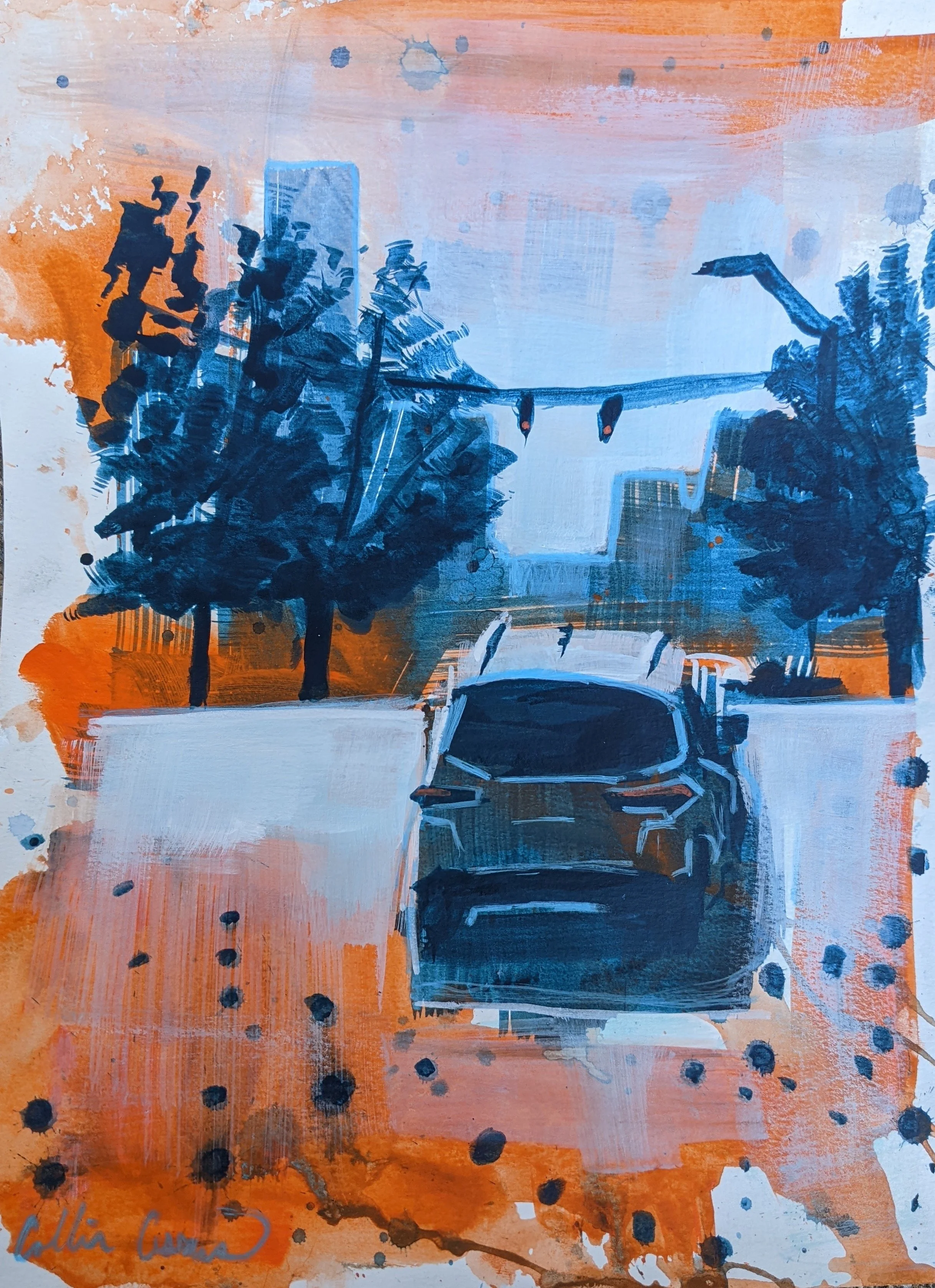 An abstract painting of a city street scene with trees and a car in shades of blue and orange.