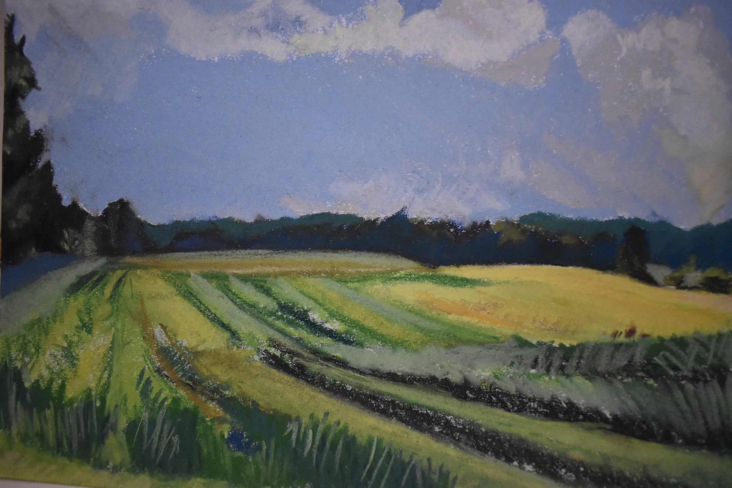 A colorful landscape painting of a rural scene with fields, trees, and a blue sky with some clouds.