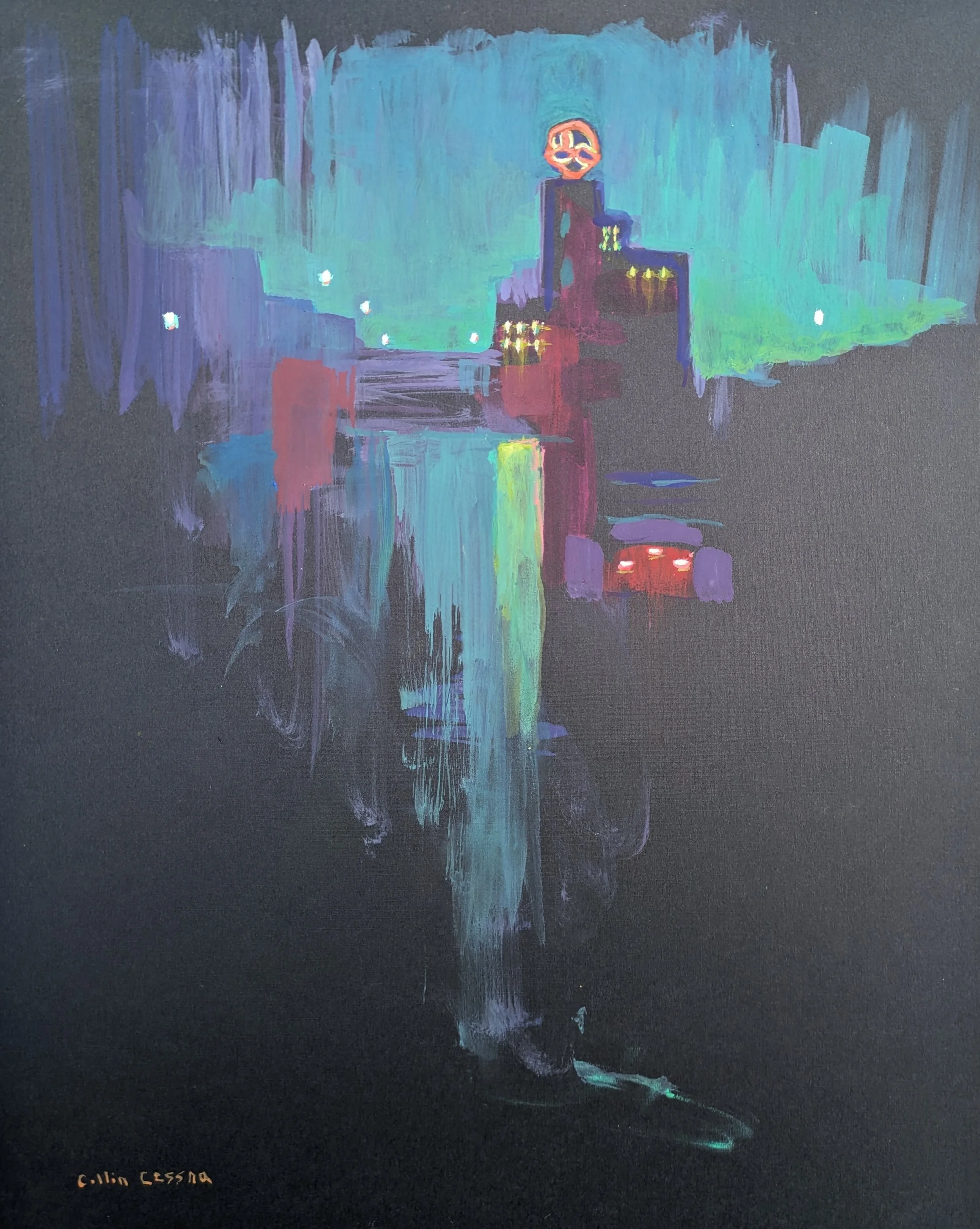 "Natty Boh Nocturne 1" 2024- casein on black paper, 11 x 14 in. Private Collection