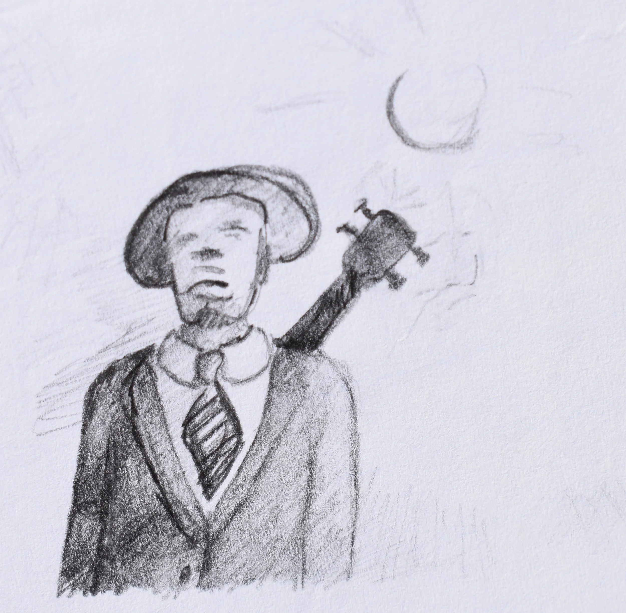 Hand-drawn sketch of a man wearing a suit with a striped tie, a hat, and a beard, standing outdoors at night with a crescent moon in the sky and a guitar slung over his shoulder.