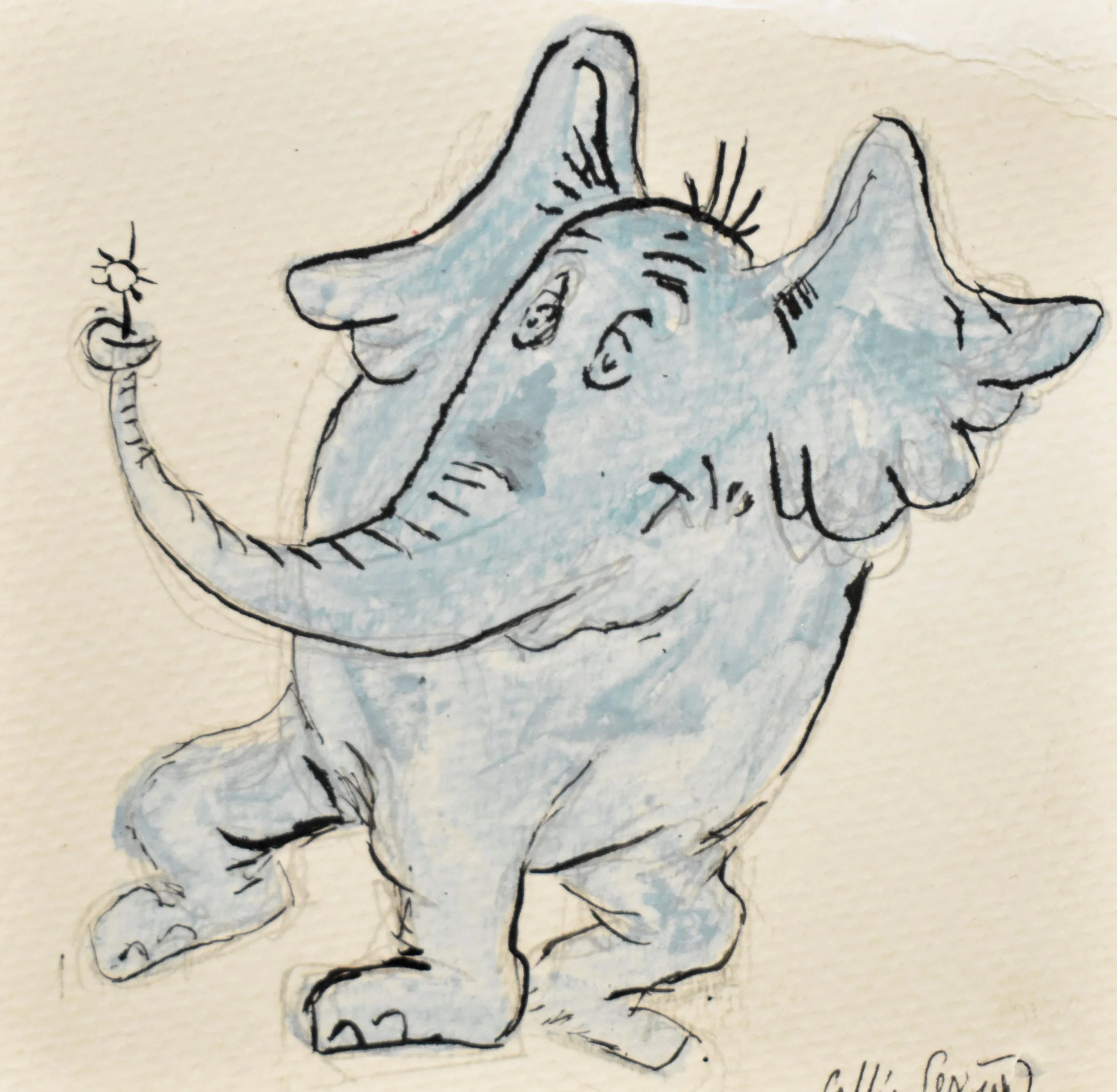 Sketch of an elephant wearing a hat, holding a flower, with a friendly expression.
