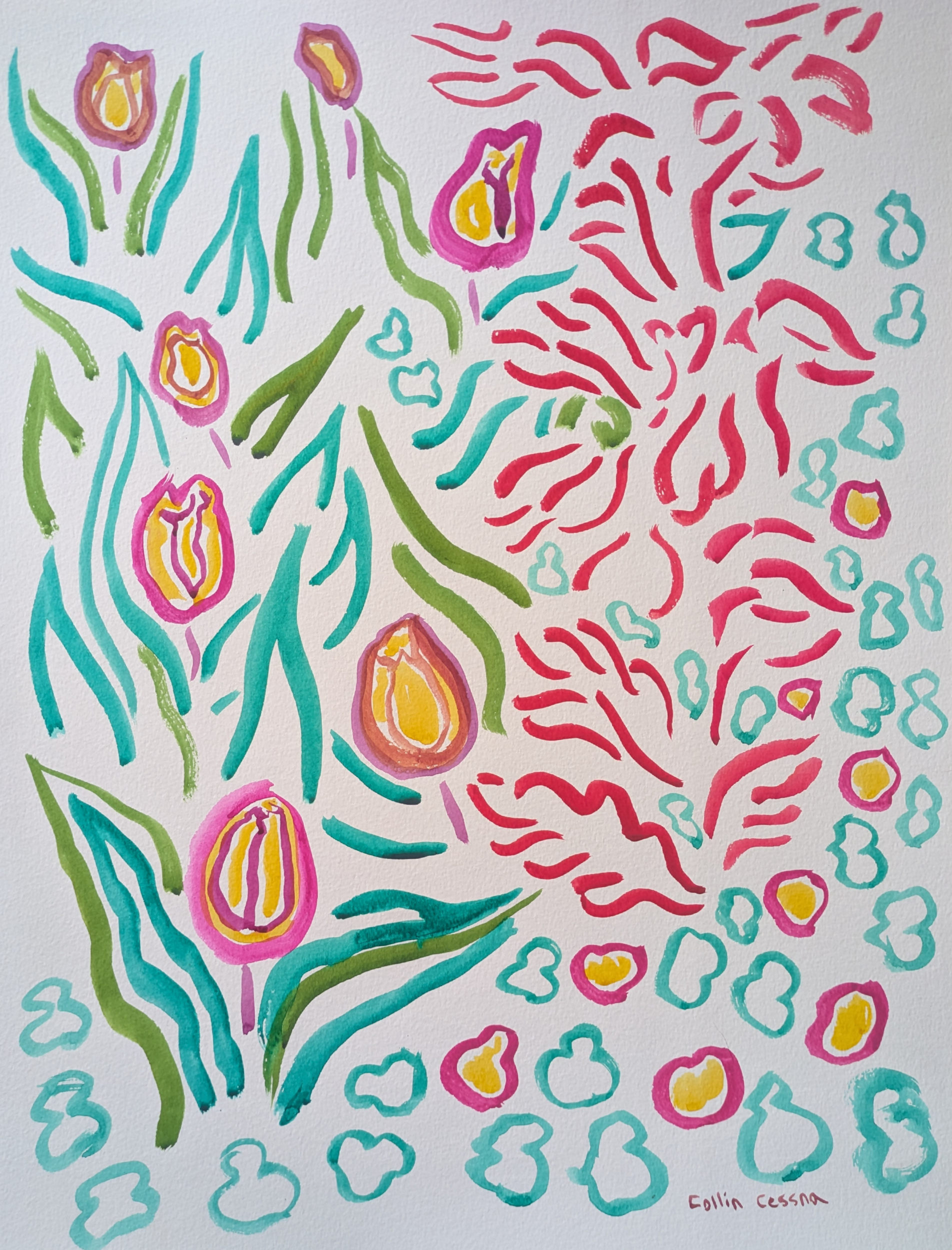 Sprouting tulips original watercolor painting on paper by Collin Cessna spring time garden maryland