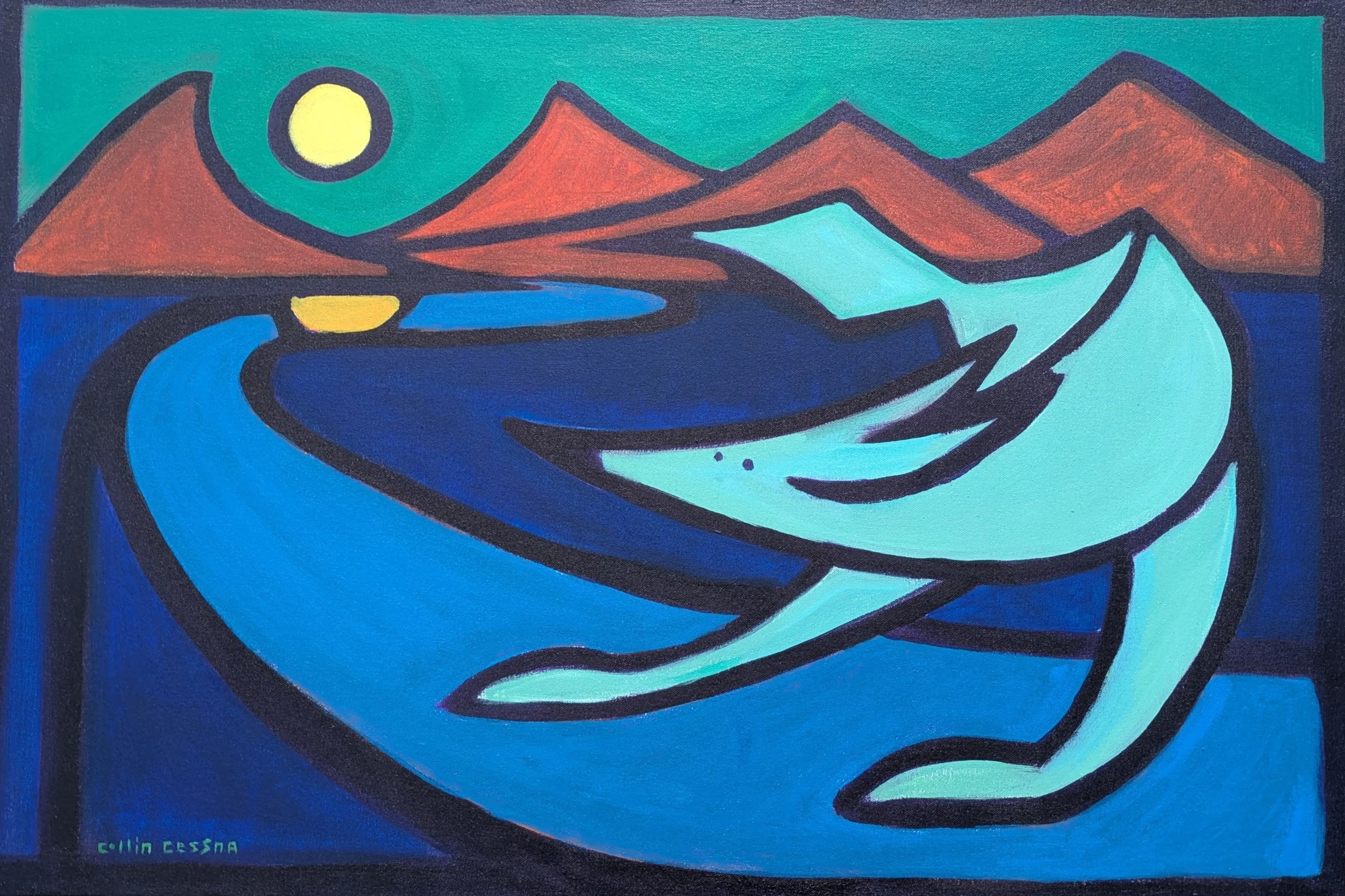 Sunset on the river abstract cartoon acrylic landscape mountain picture by Collin Cessna original md