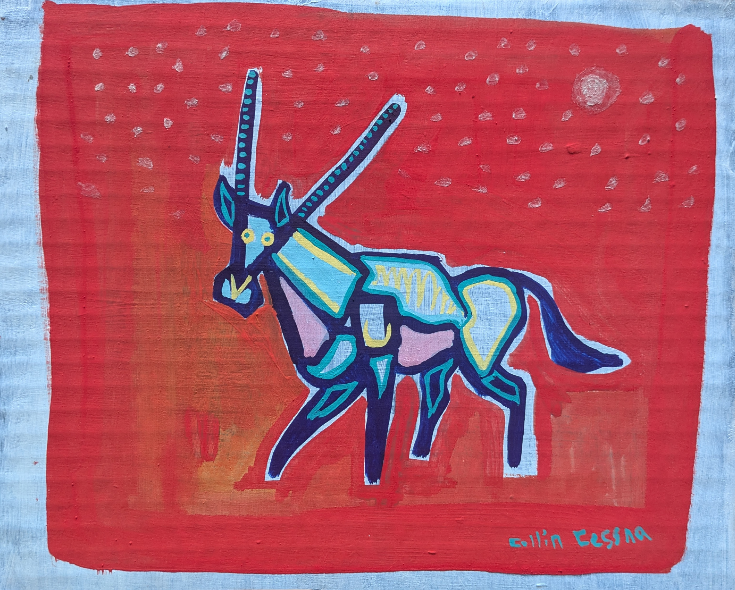 Antelope painting by Collin Cessna traditional art casein paints hand made cardboard md glow in the dark