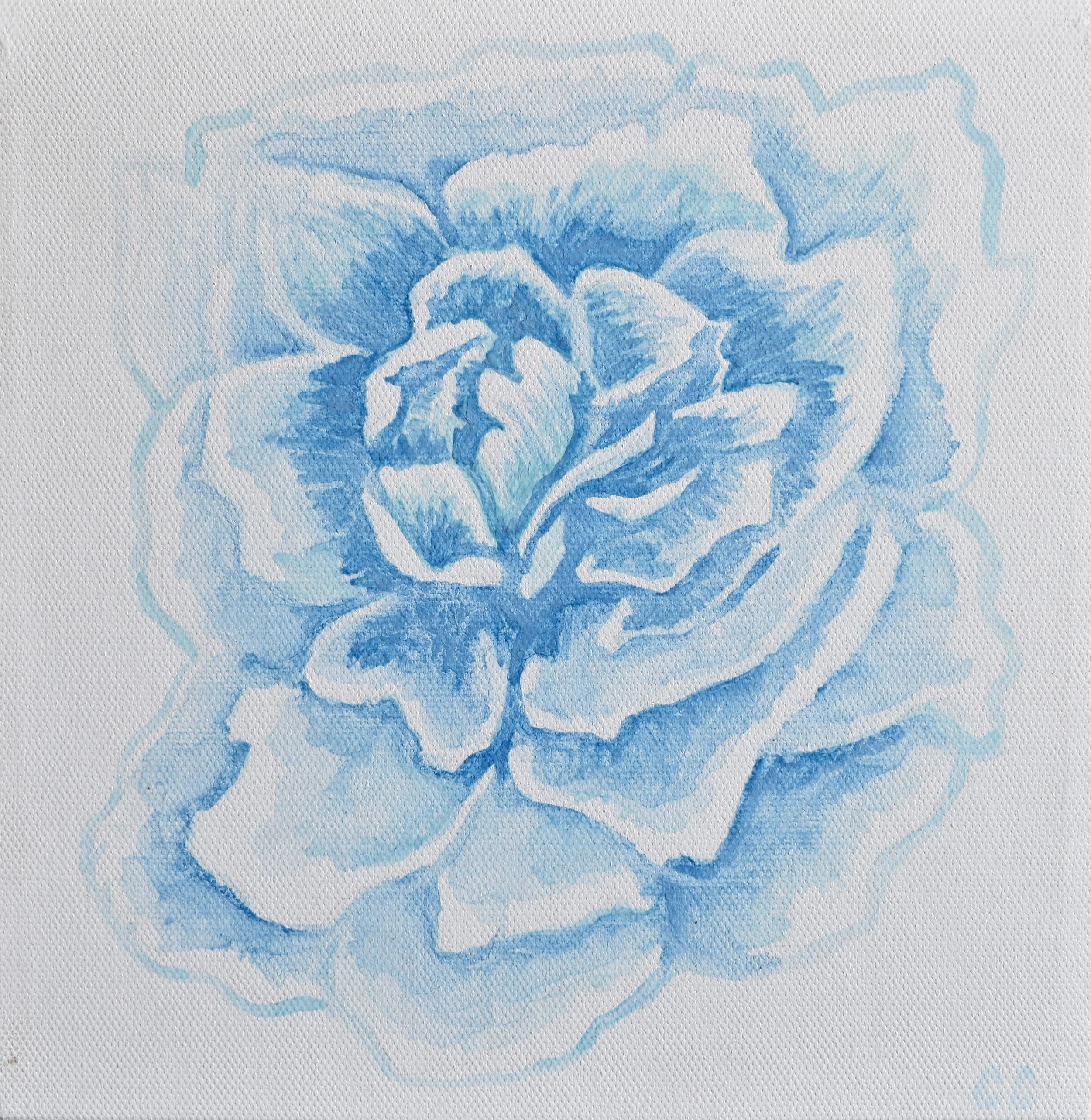 Blue watercolor sketch of a rose on textured white background.