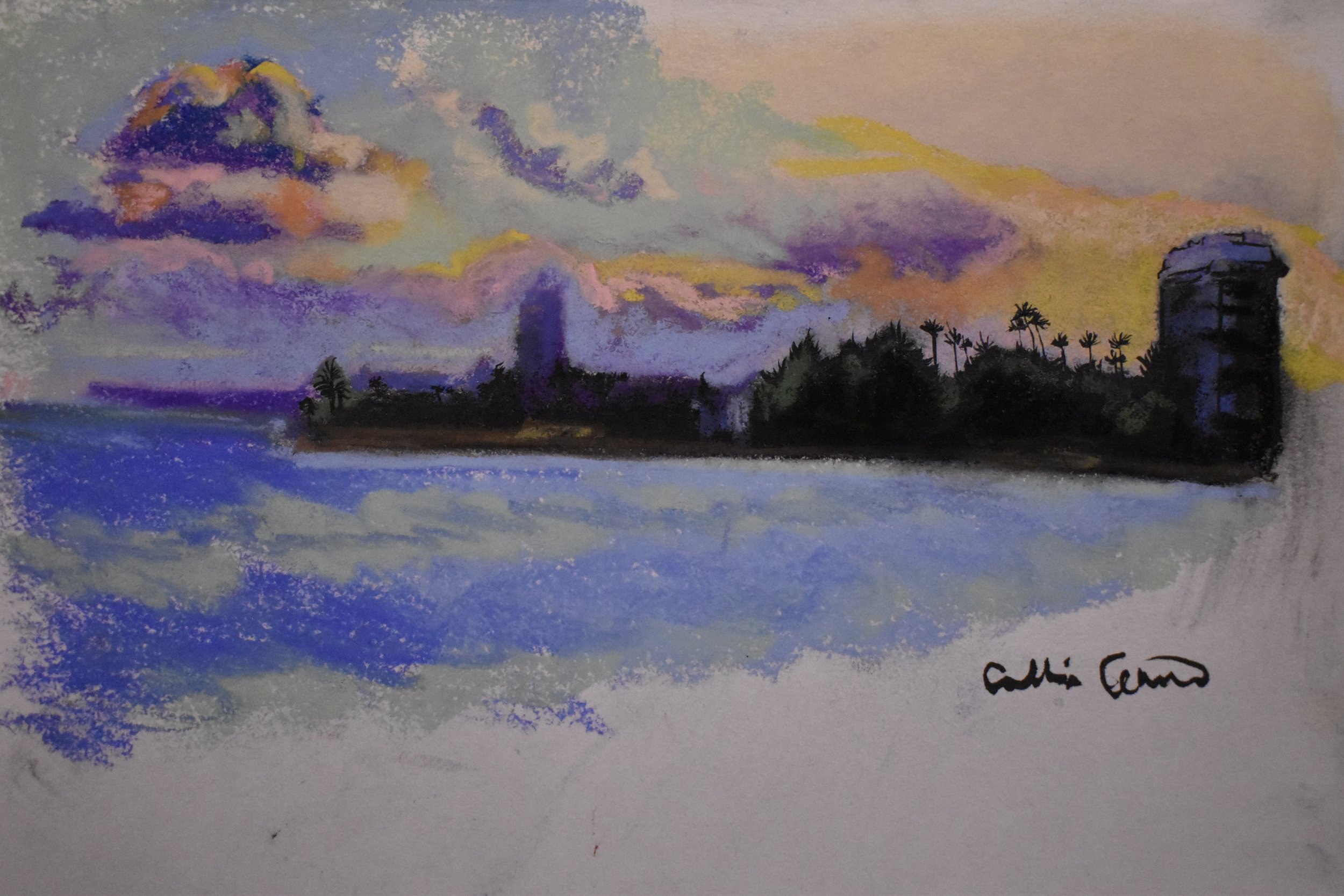 A watercolor painting of a sunset over a coastal scene with a silhouette of an island or shoreline, palm trees, a water tower, and a building, with pastel pink, purple, and blue clouds in the sky.