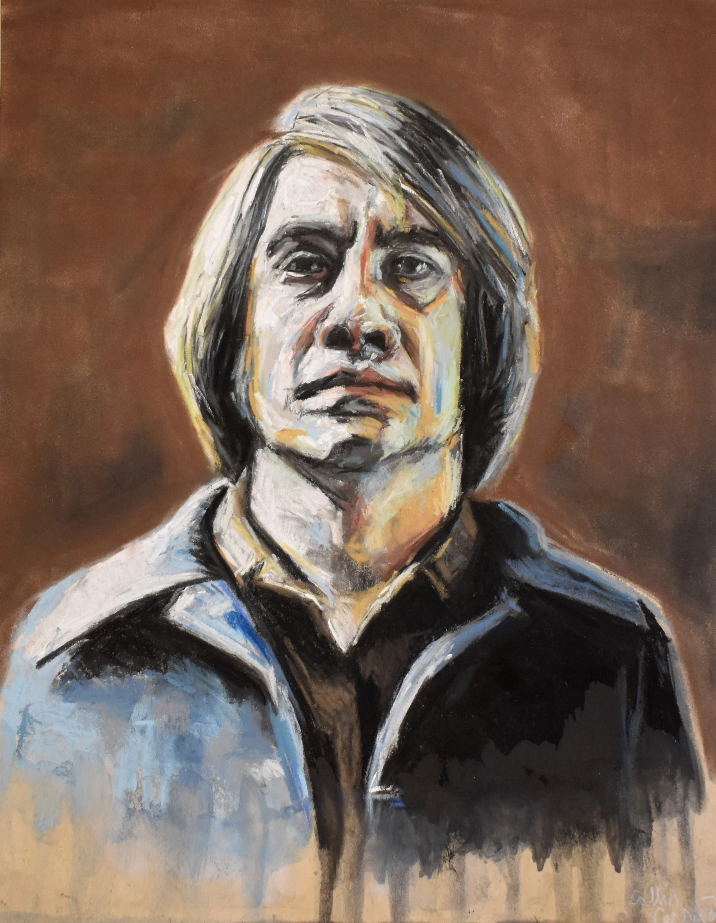 A portrait painting of a woman with shoulder-length gray hair, wearing a black jacket and a beige shirt, against a brown background.