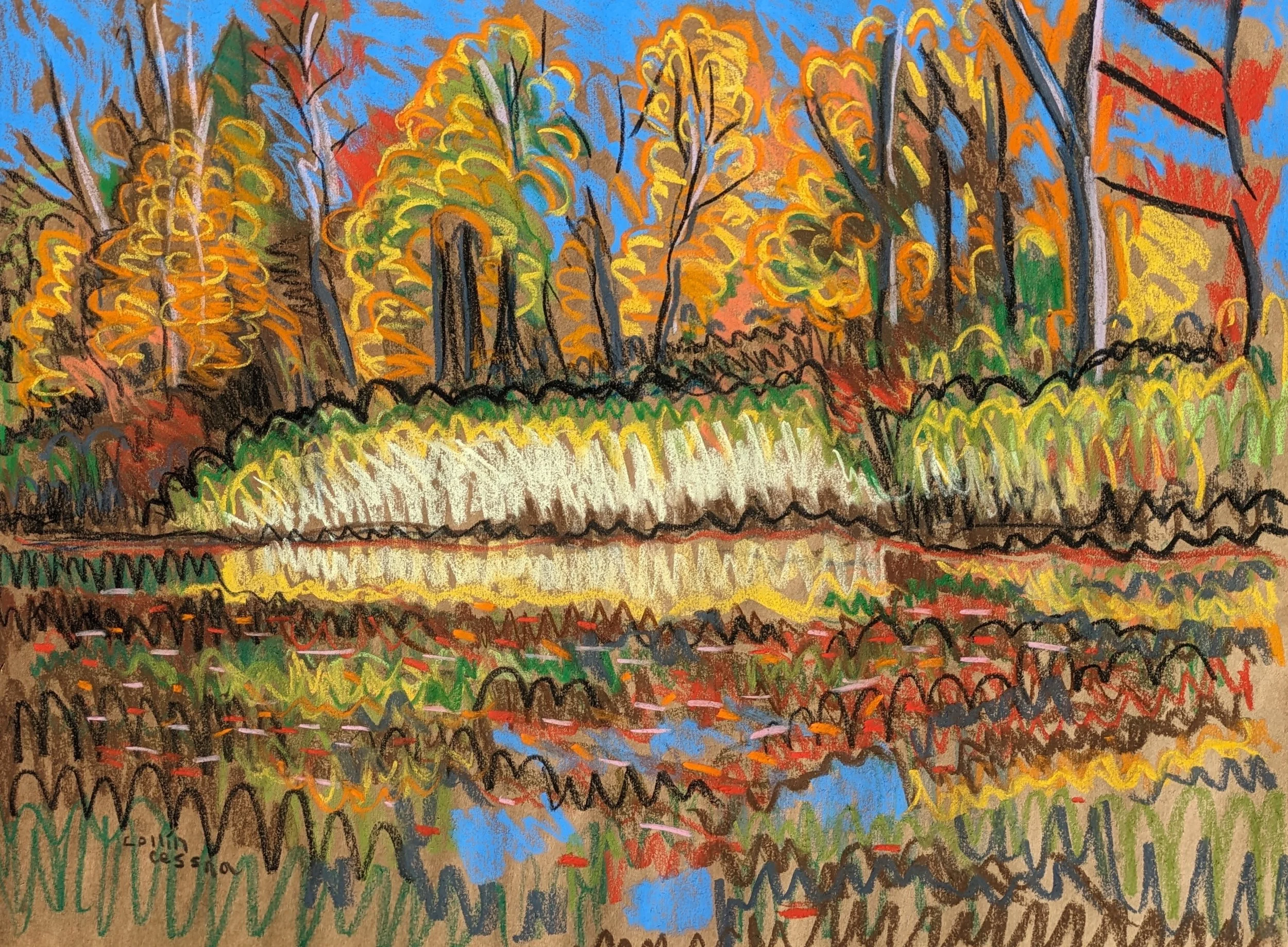 Colorful impressionist painting of a lakeside landscape with trees and shrubs, featuring vibrant autumn colors of yellow, orange, red, green, and blue, and a reflection of the scenery in the water.