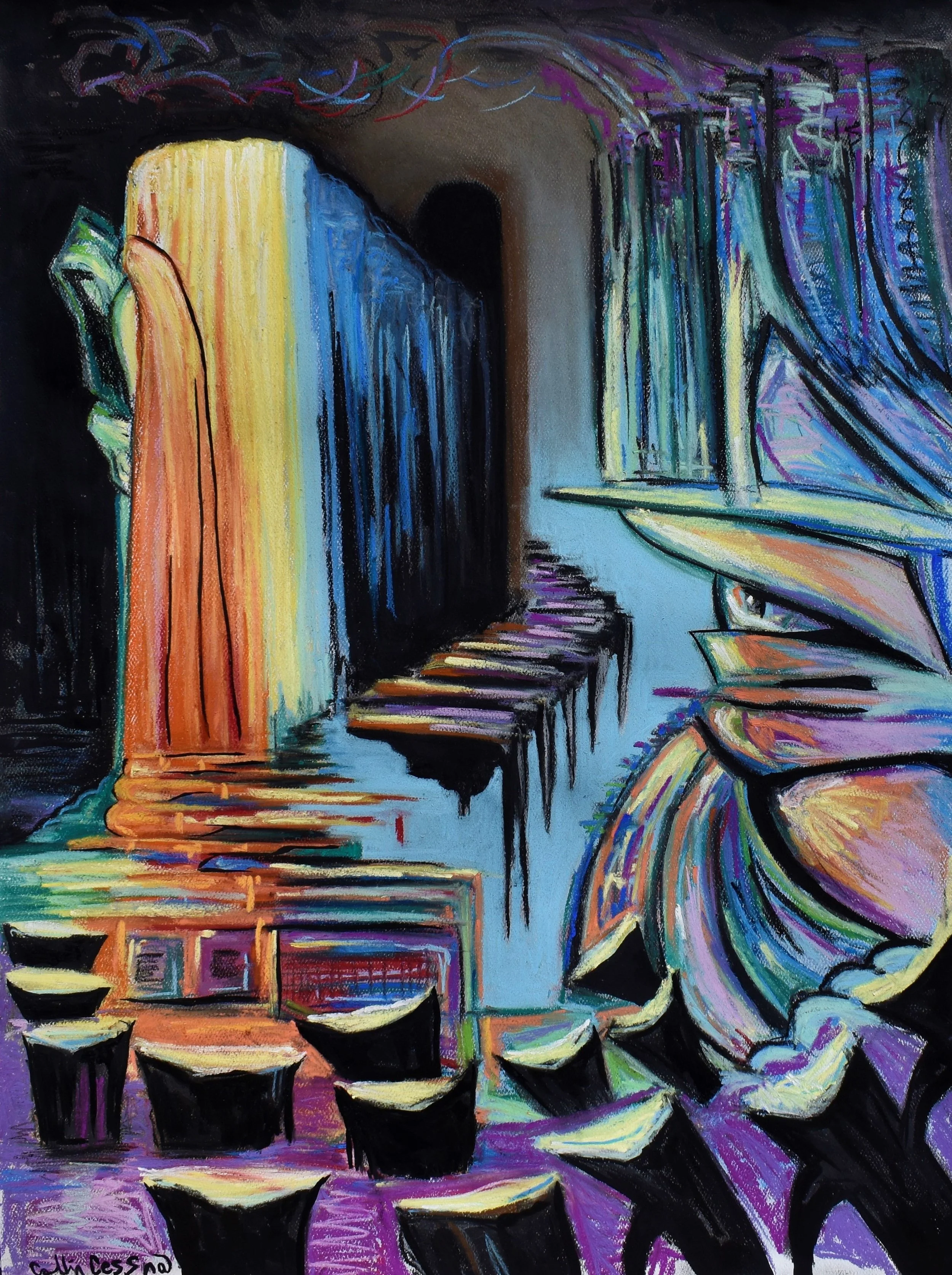 Abstract painting of a stage with colorful curtains, a staircase leading up, and a row of chairs in front, featuring vibrant, swirling colors.