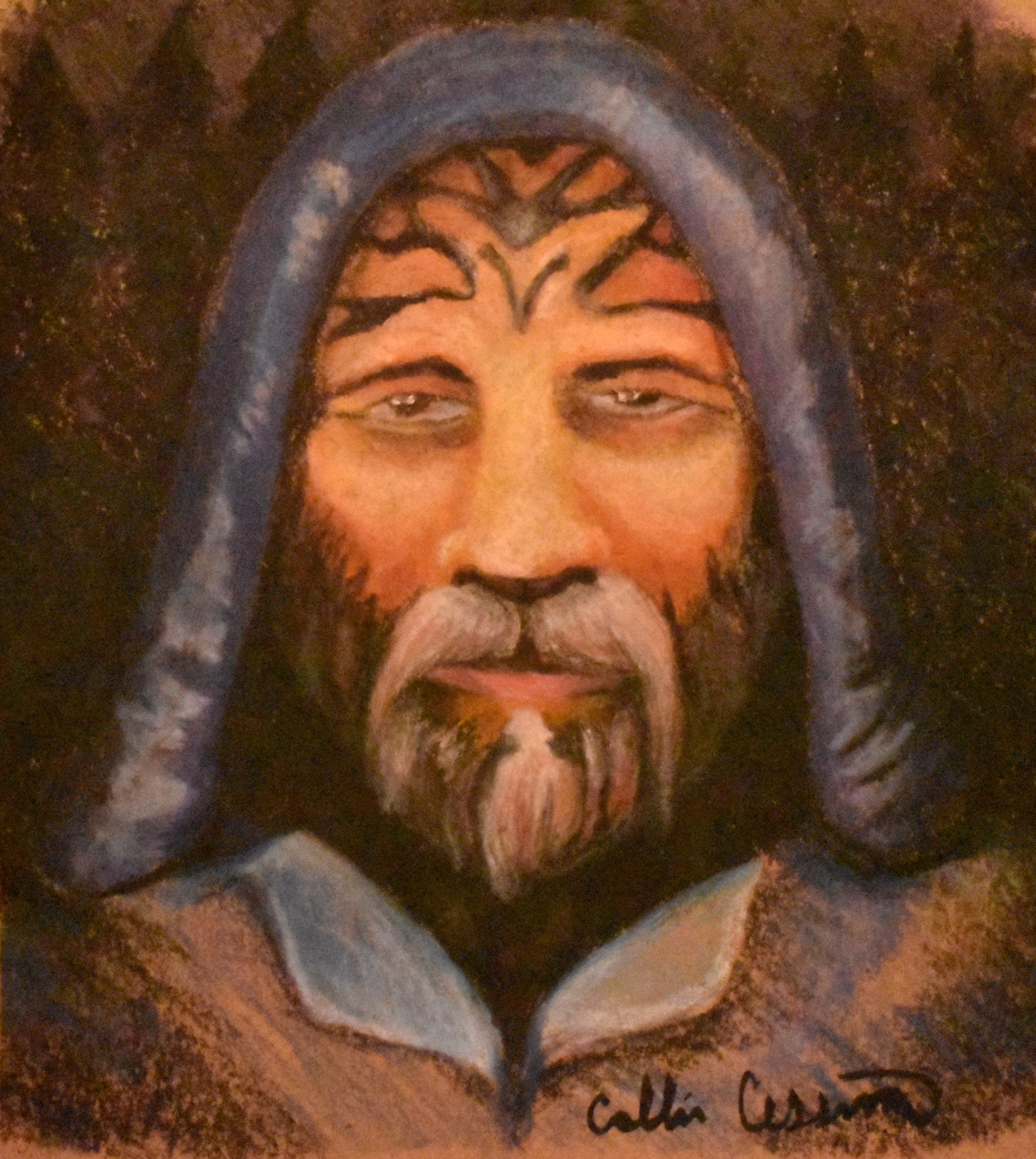 A painted portrait of a man with long hair, a beard, and a mustache, wearing a hooded cloak, with tribal-like markings on his face.