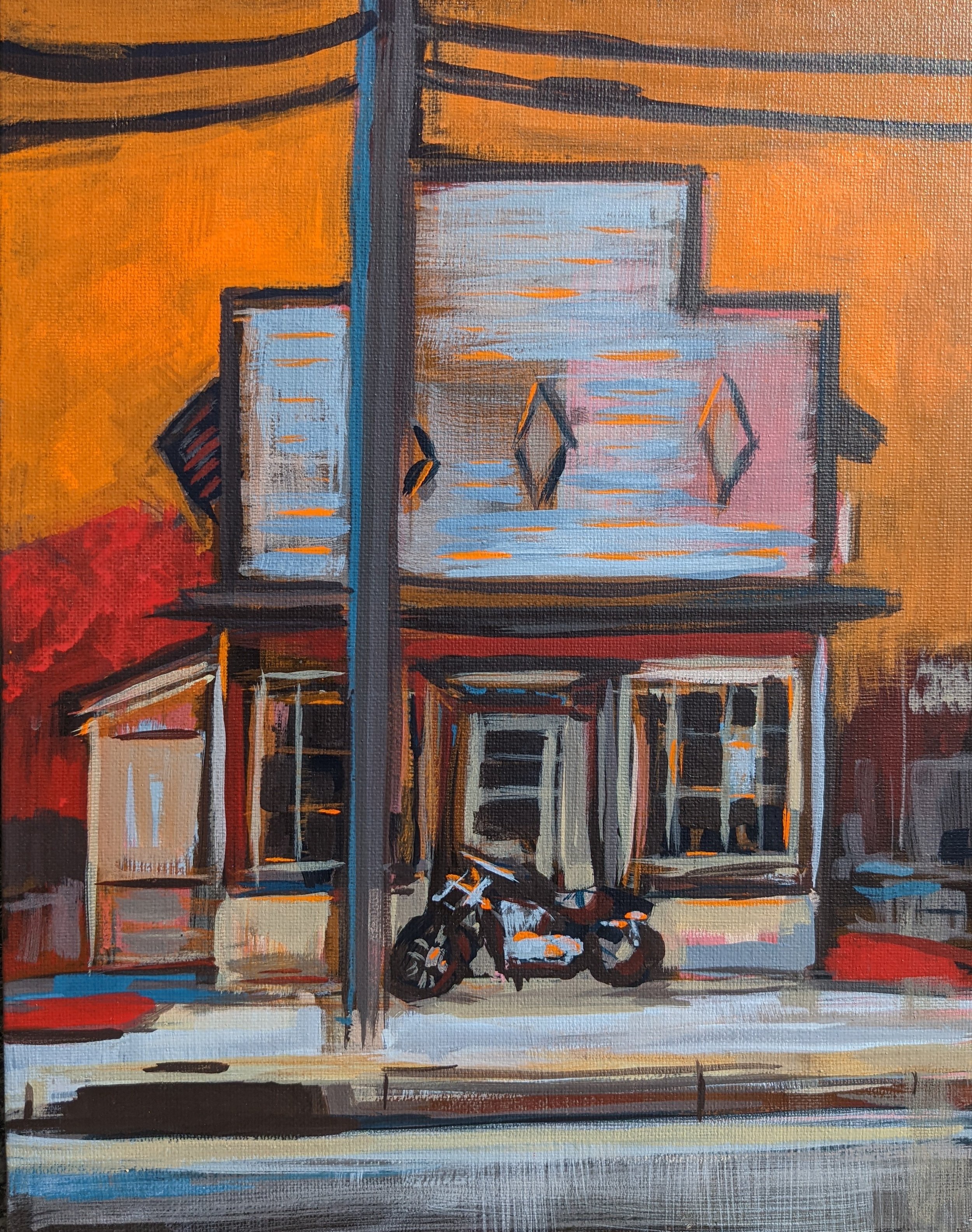 A painting of an old house with vinyl siding, two front windows, a porch, a motorcycle parked in front, and a utility pole in the foreground. The background features a red tree and orange sky.