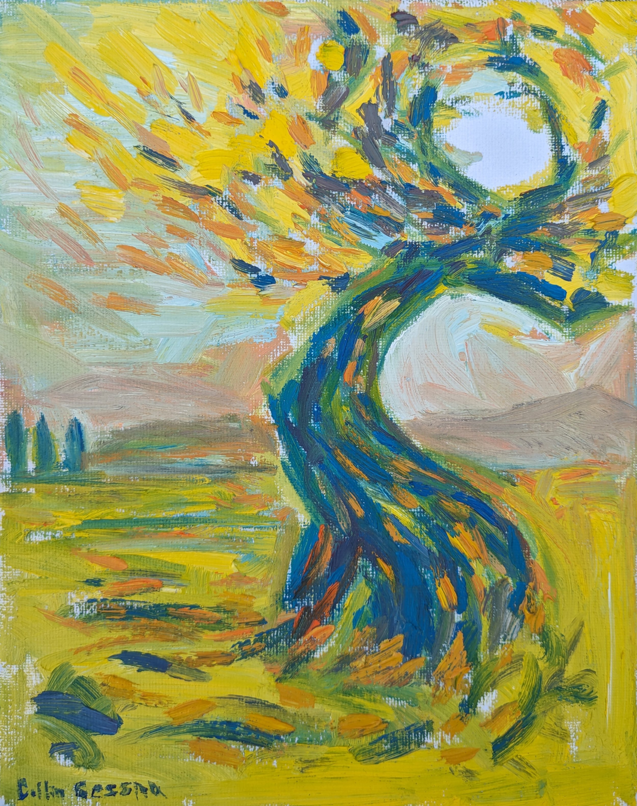 Artist Collin Cessna paints original work titled Soft Light Yellow impressionistic van gogh style md