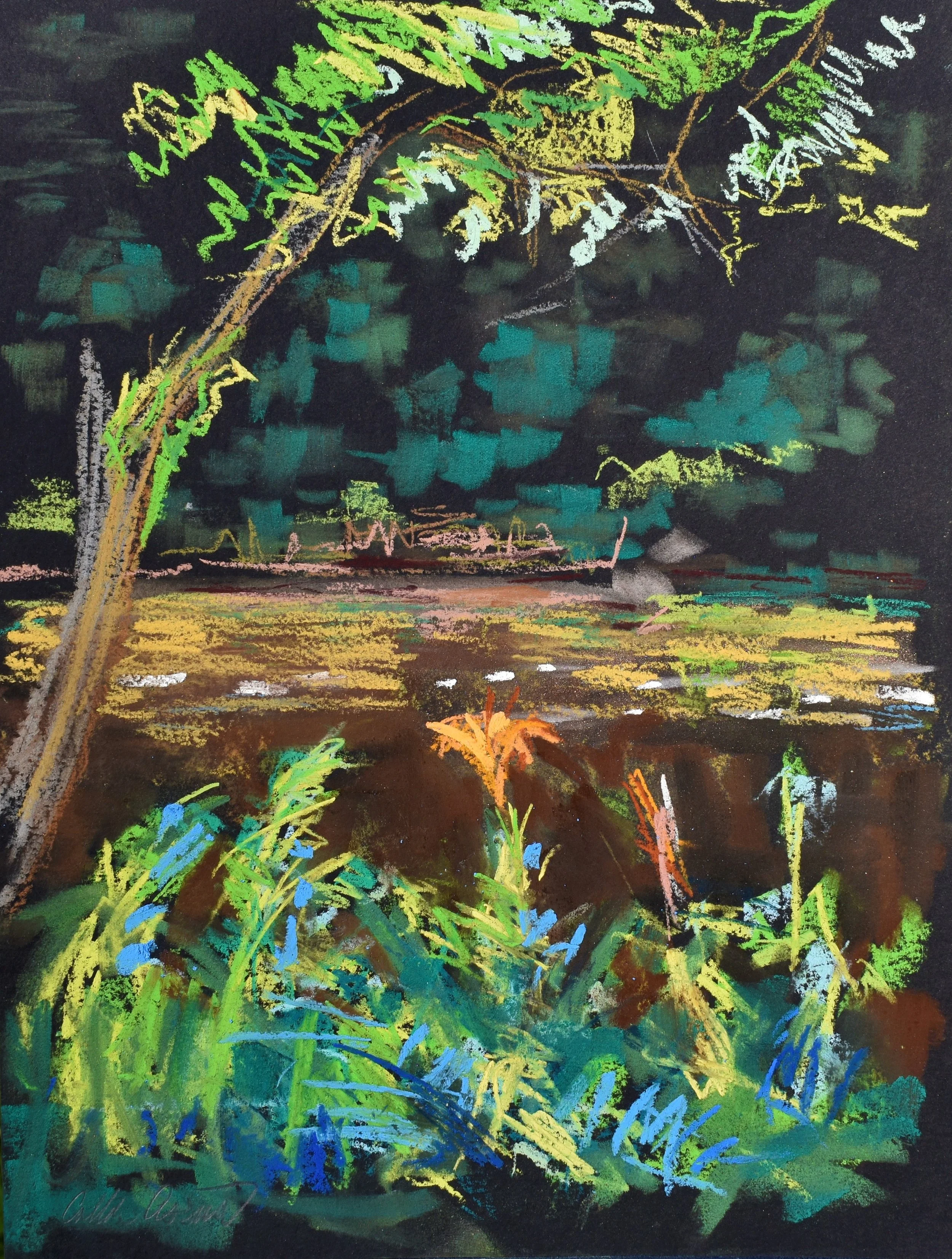 Colorful chalk or pastel drawing of a lush landscape with a large tree with sweeping branches, dense green foliage, a field or meadow, and various plants in the foreground against a dark background.