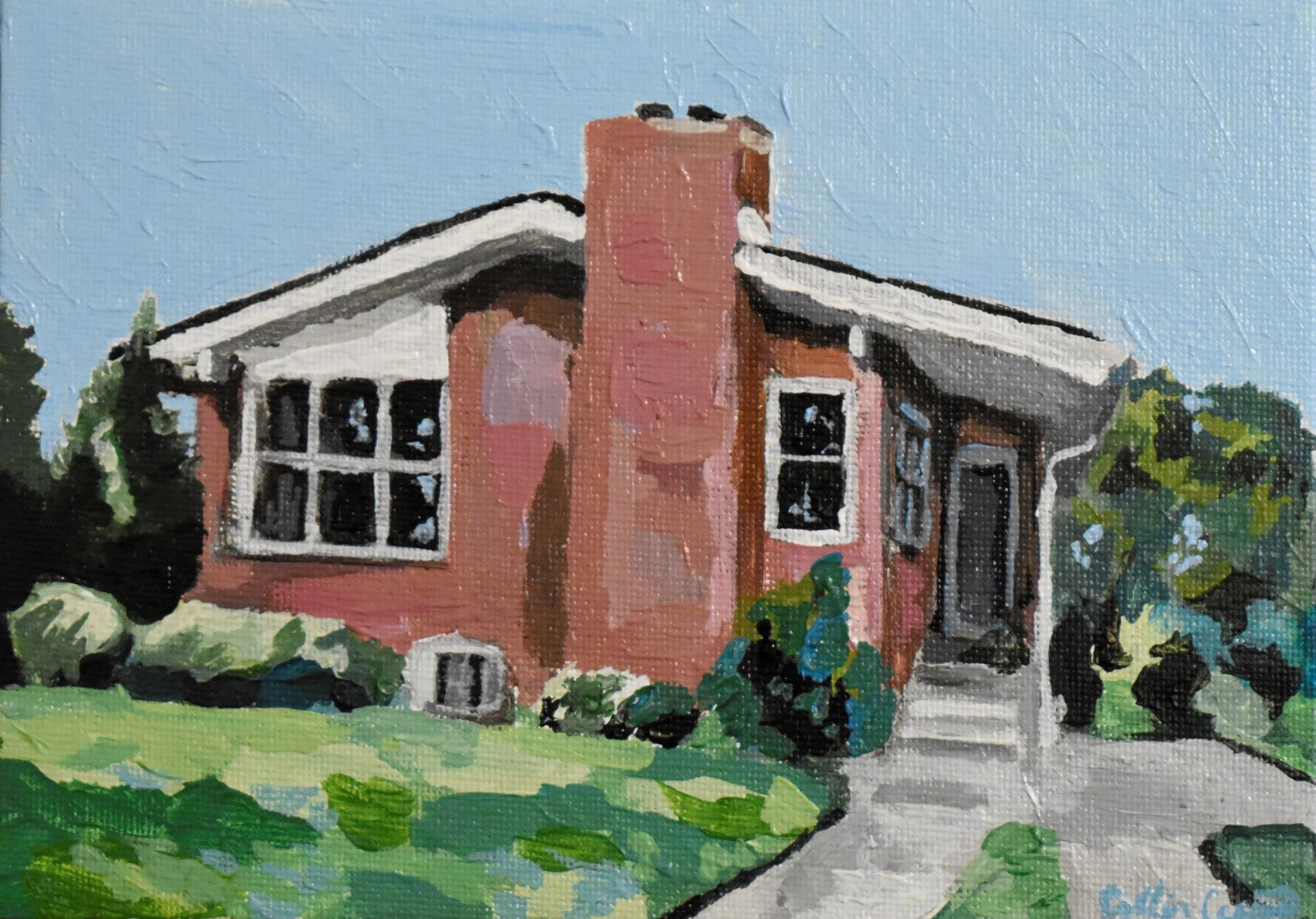 Painting of a single-story house with a brick chimney, pink exterior walls, large front window, and a small front yard with greenery, under a light blue sky.