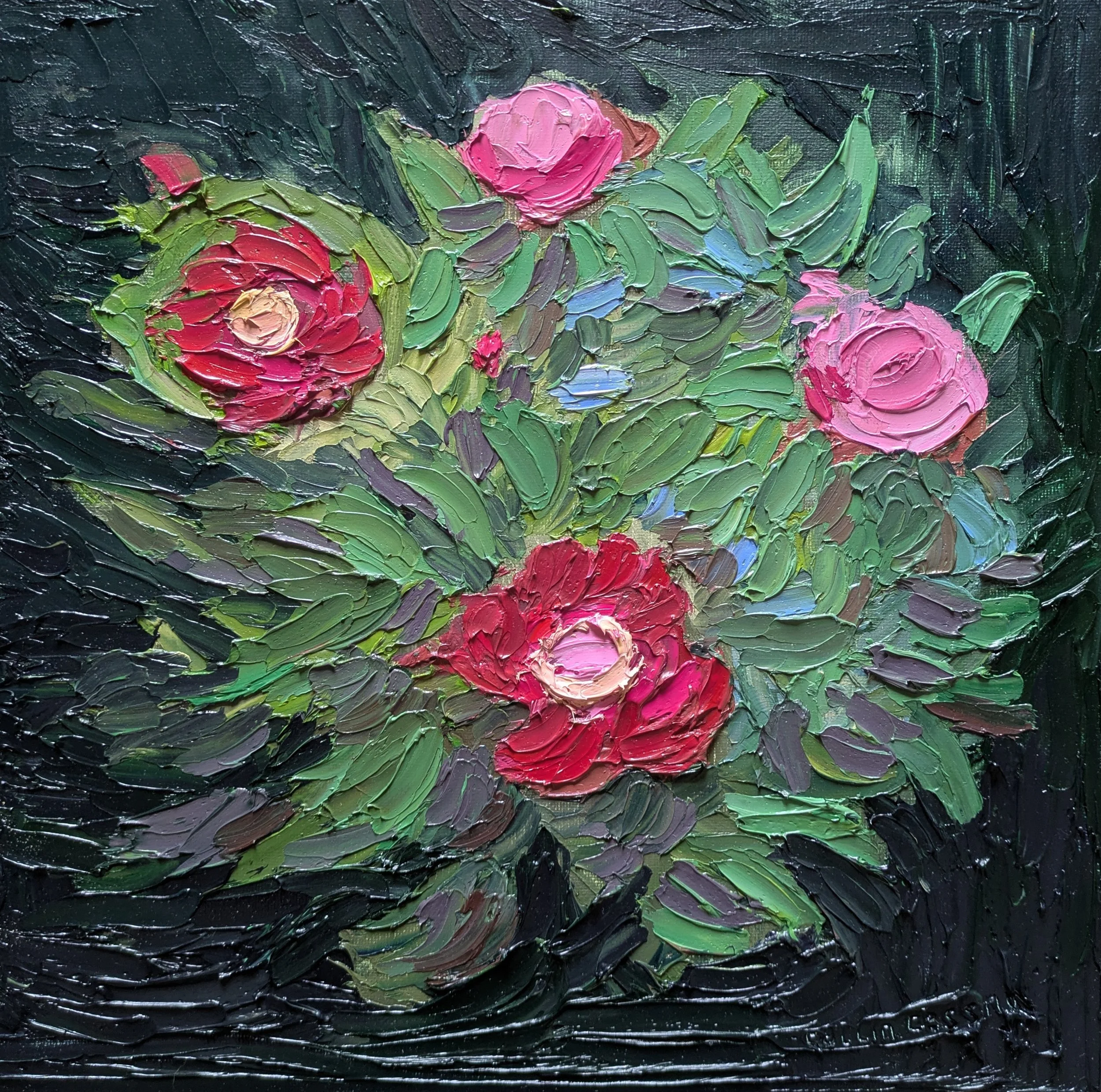 Original palette knife painting canvas board figure collin cessna impressionistic blooming peonies