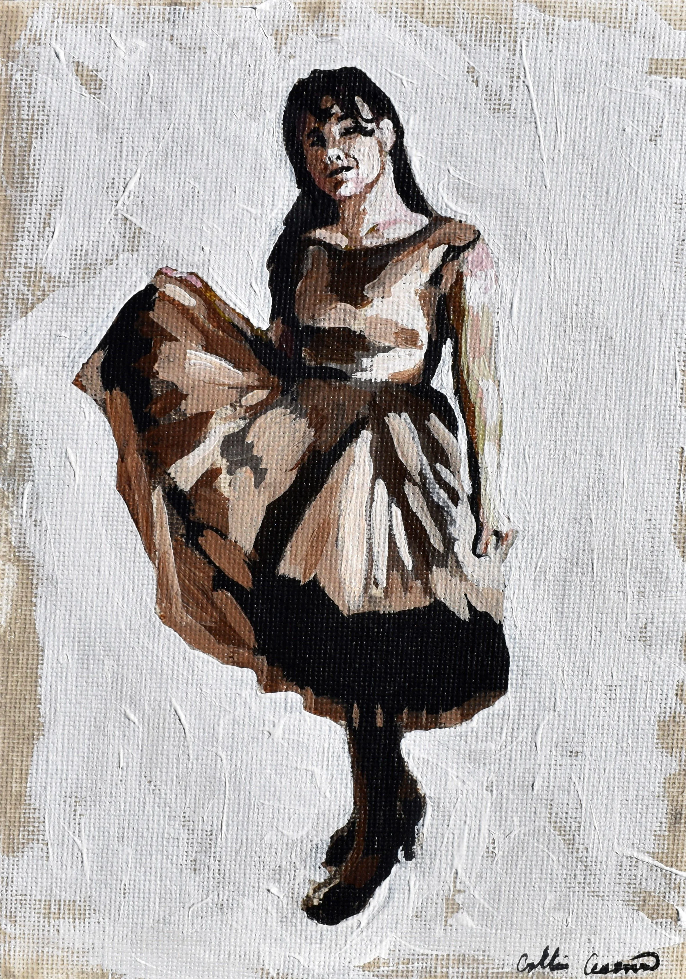 A painting of a woman with dark hair wearing a dress with a full skirt, holding part of her skirt up, sitting against a textured beige background.