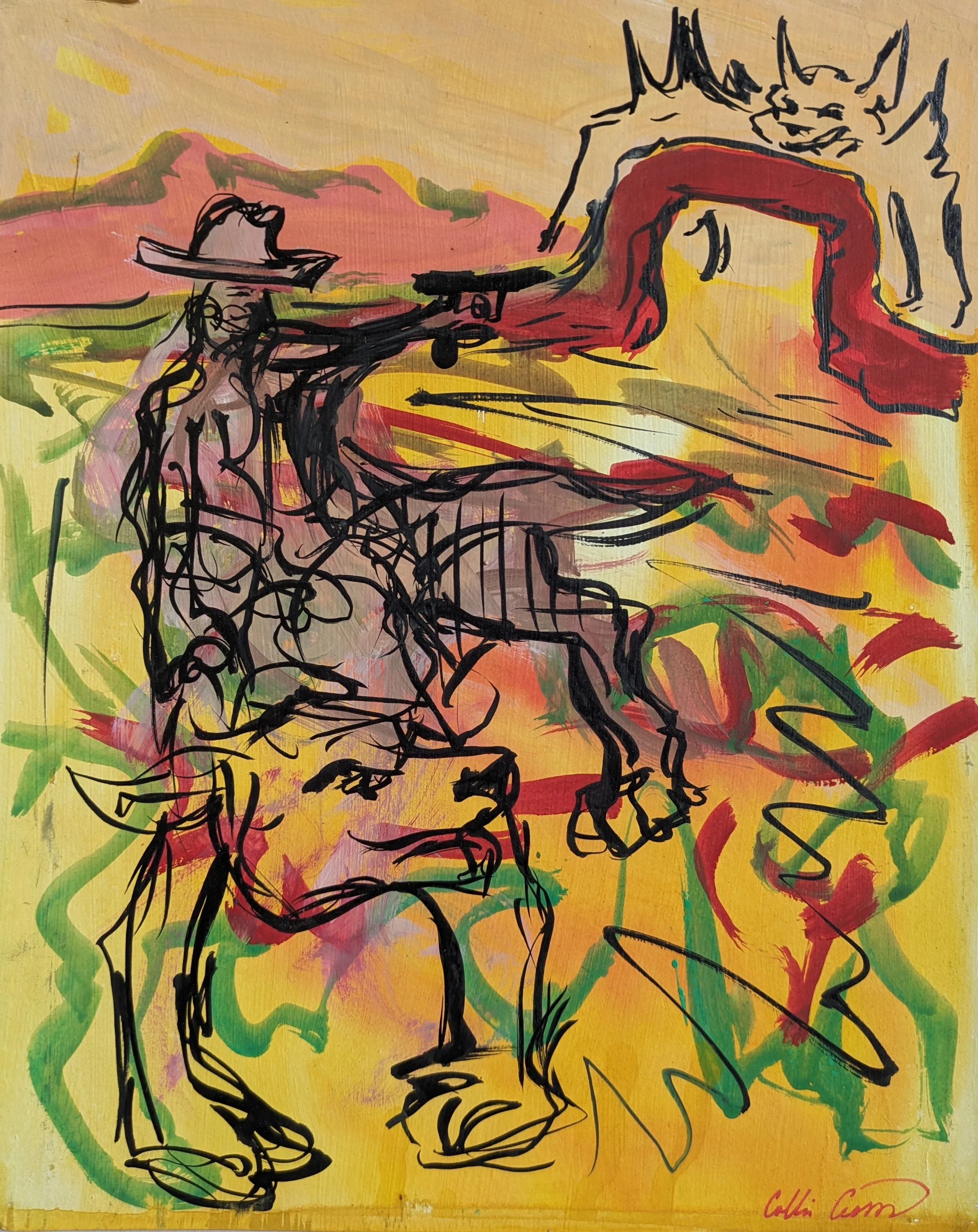 Colorful abstract painting featuring a rooster and a dog, with mountains in the background and vibrant, bold brushstrokes.