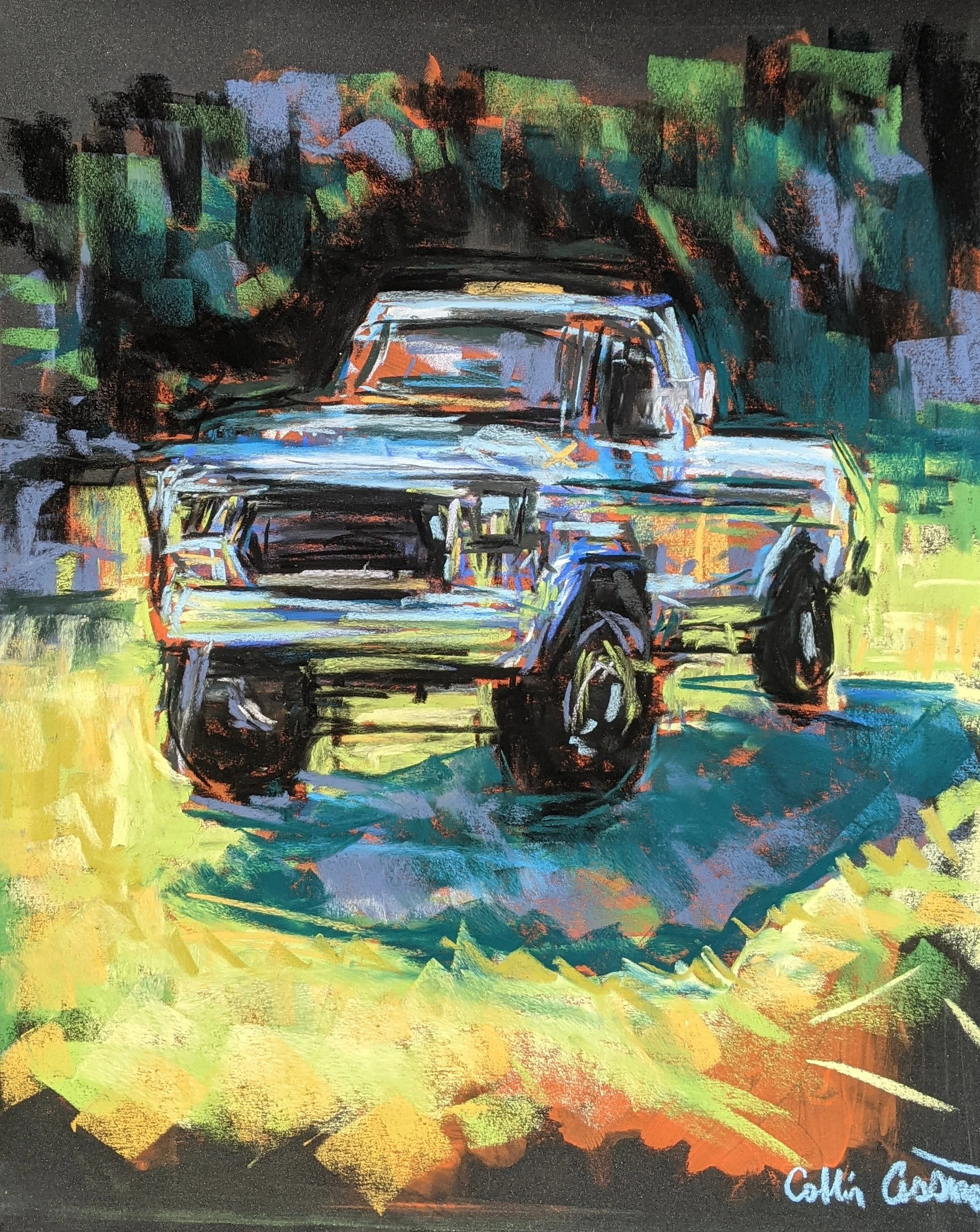 Colorful painting of an old-fashioned pickup truck parked on grass, with trees in the background, signed by Collin Cross.
