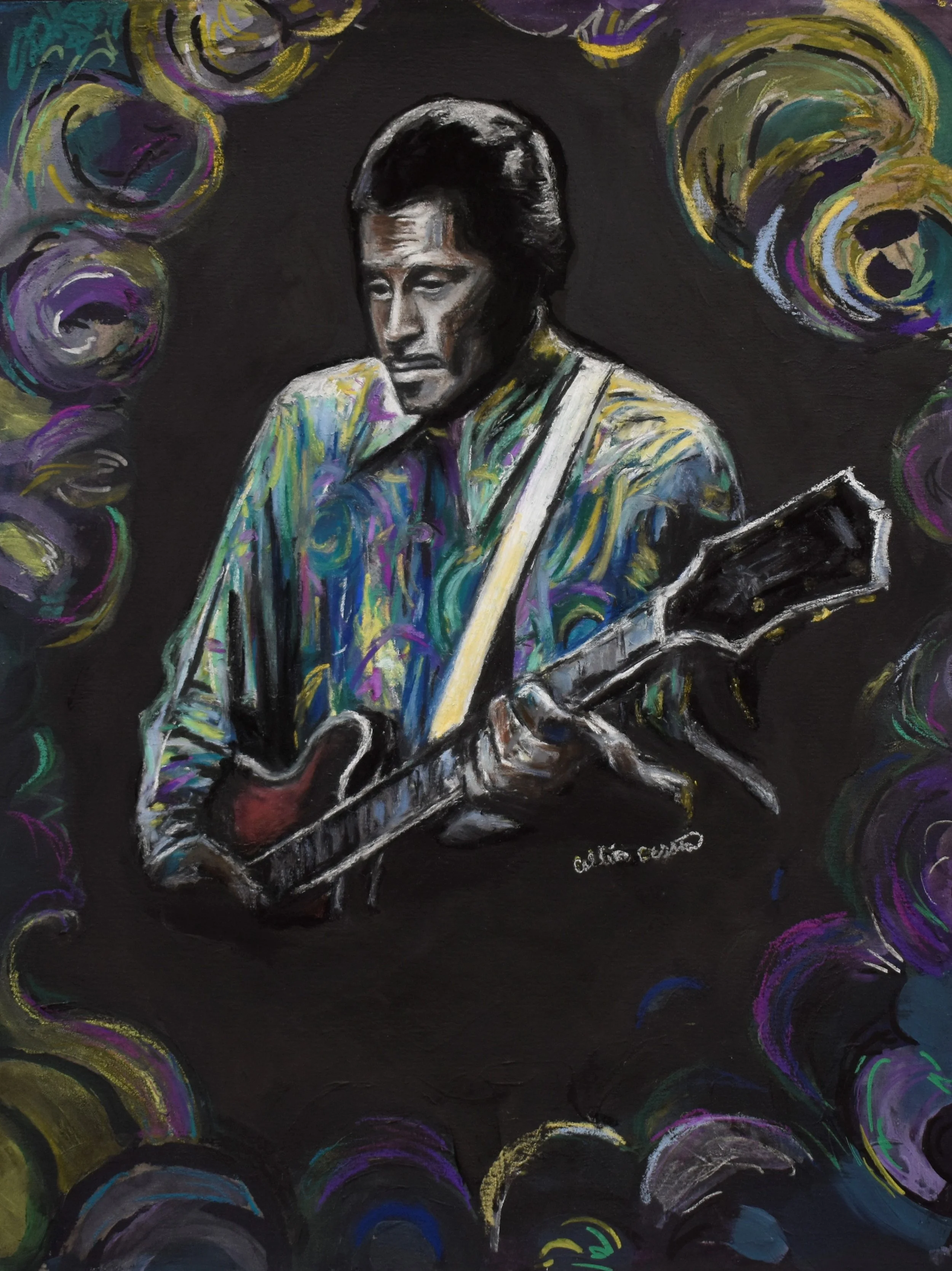 Painting of a man playing an electric guitar, surrounded by colorful swirling patterns on a black background.
